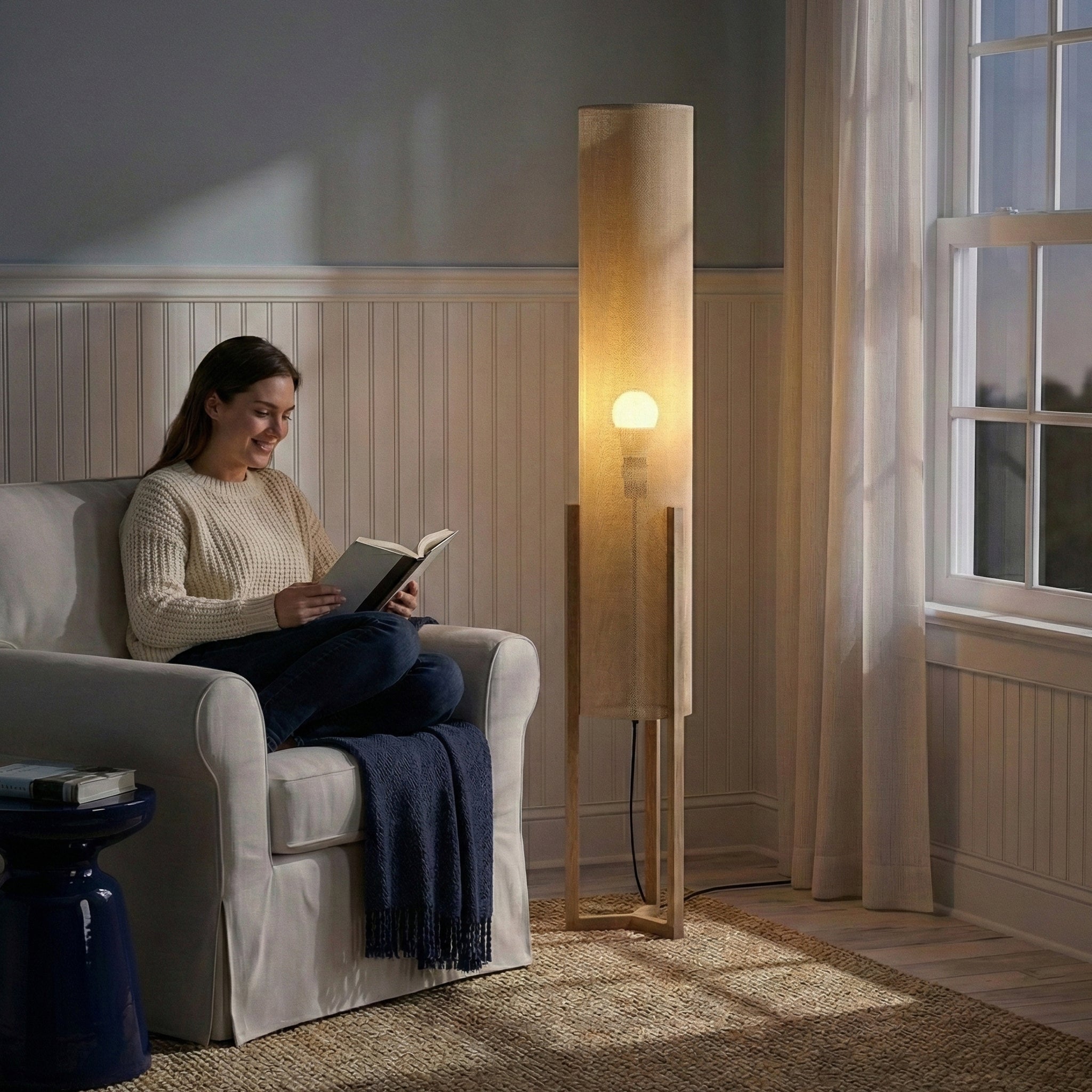 Beacon Oak and Natural Floor Lamp with Cylindrical Paper Rattan Shade | MidinMod