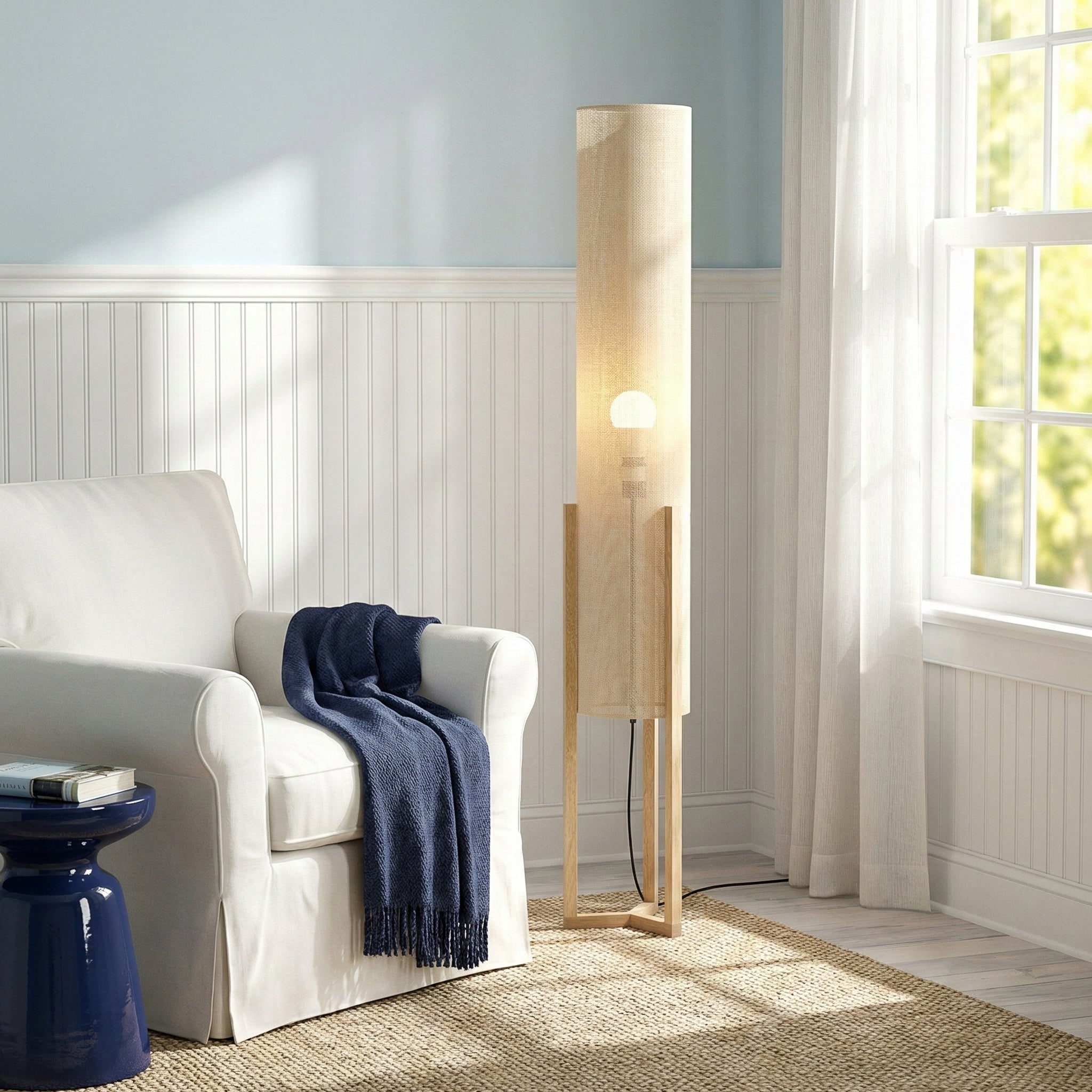 Beacon Oak and Natural Floor Lamp with Cylindrical Paper Rattan Shade | MidinMod