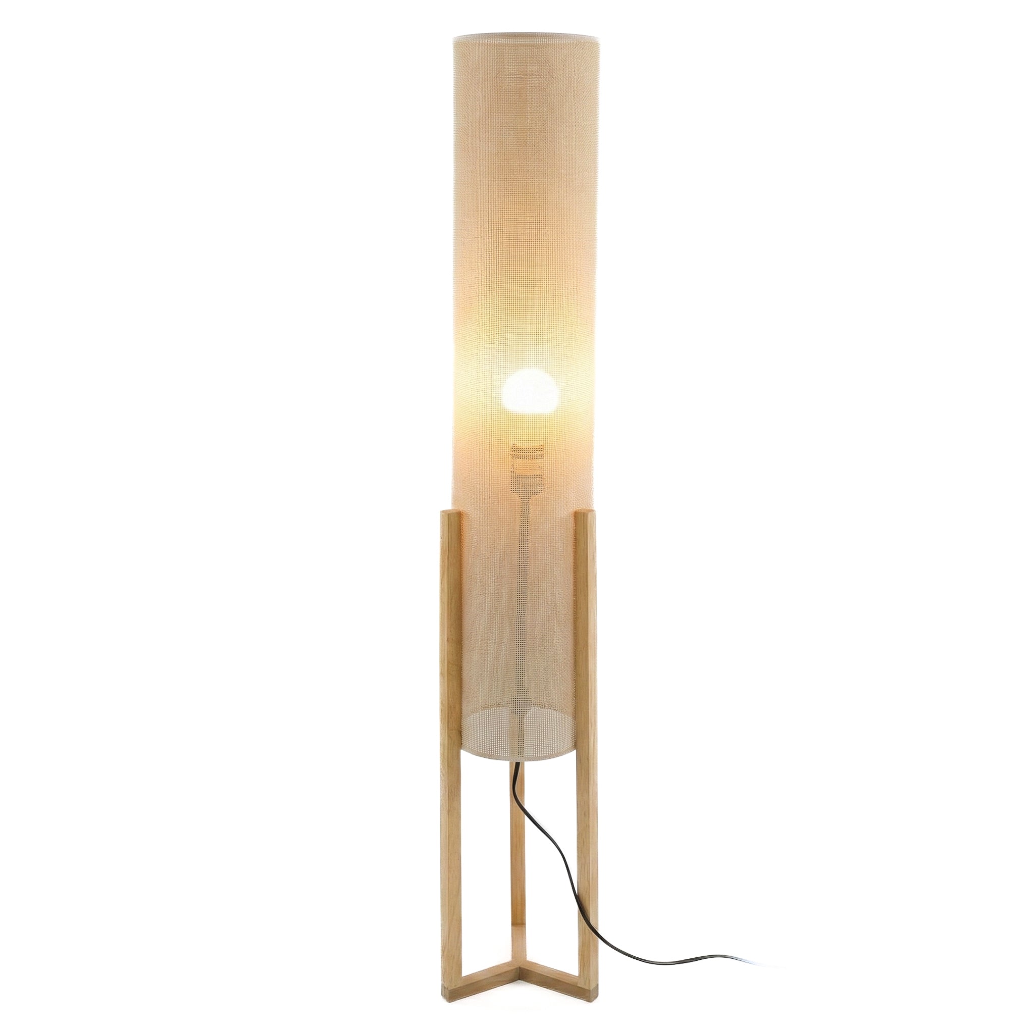 Beacon Oak and Natural Floor Lamp with Cylindrical Paper Rattan Shade | MidinMod