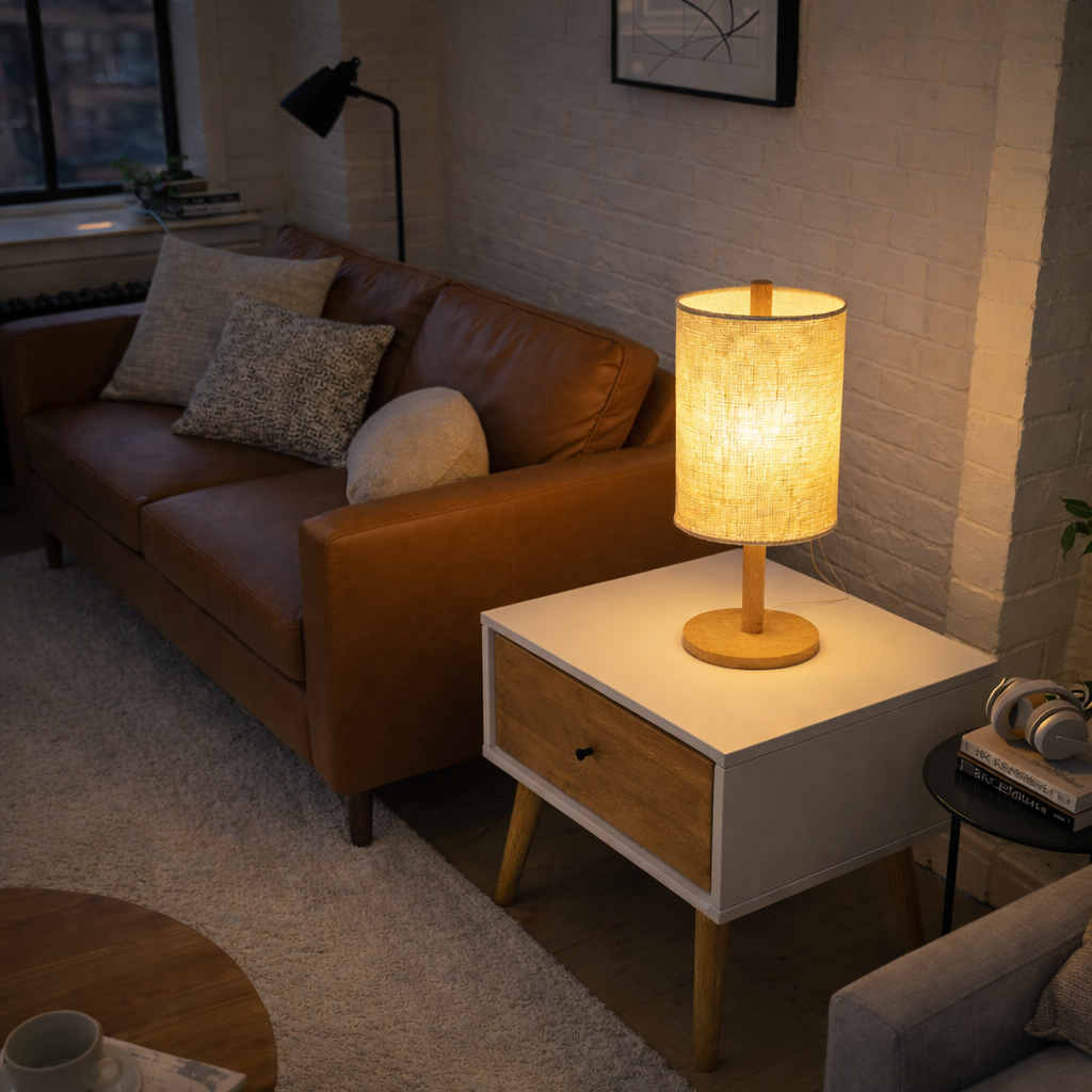 Beam Table Lamp | Oak-Colored Base & Paper Rattan Weave Shade | MidinMod