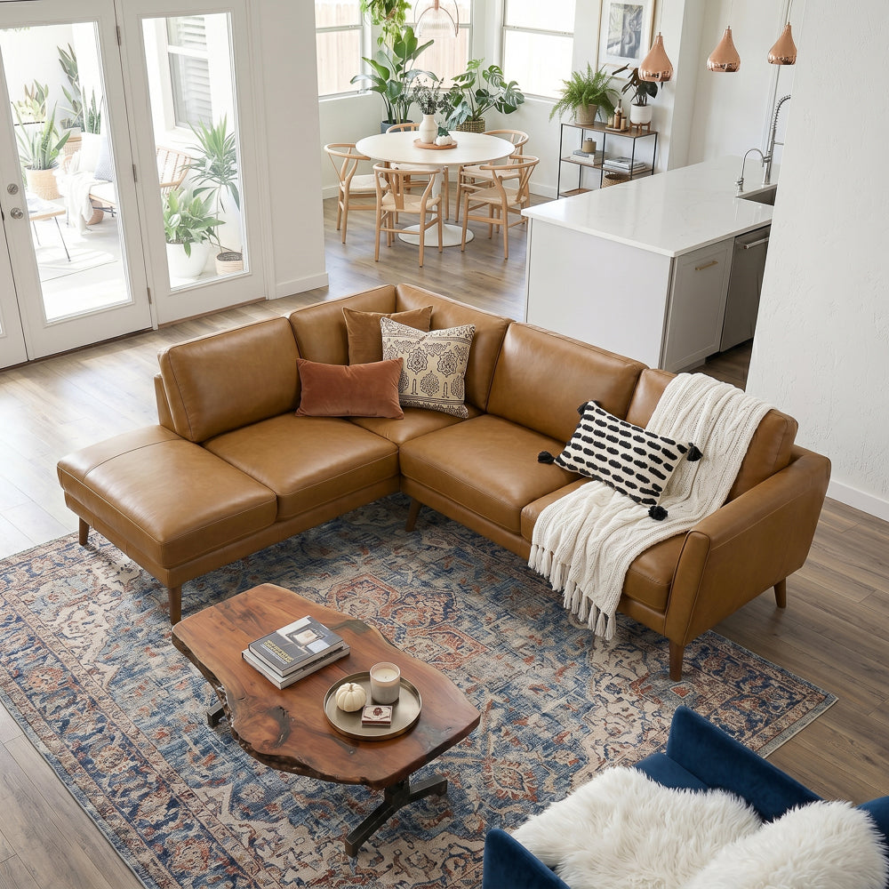 Bexley Genuine Leather L-Shaped Pillow Back Sectional Sofa | MidinMod