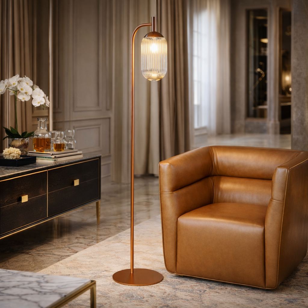 Blaze Arched Floor Lamp in Bronze with Clear Ribbed Glass Shade | MidinMod