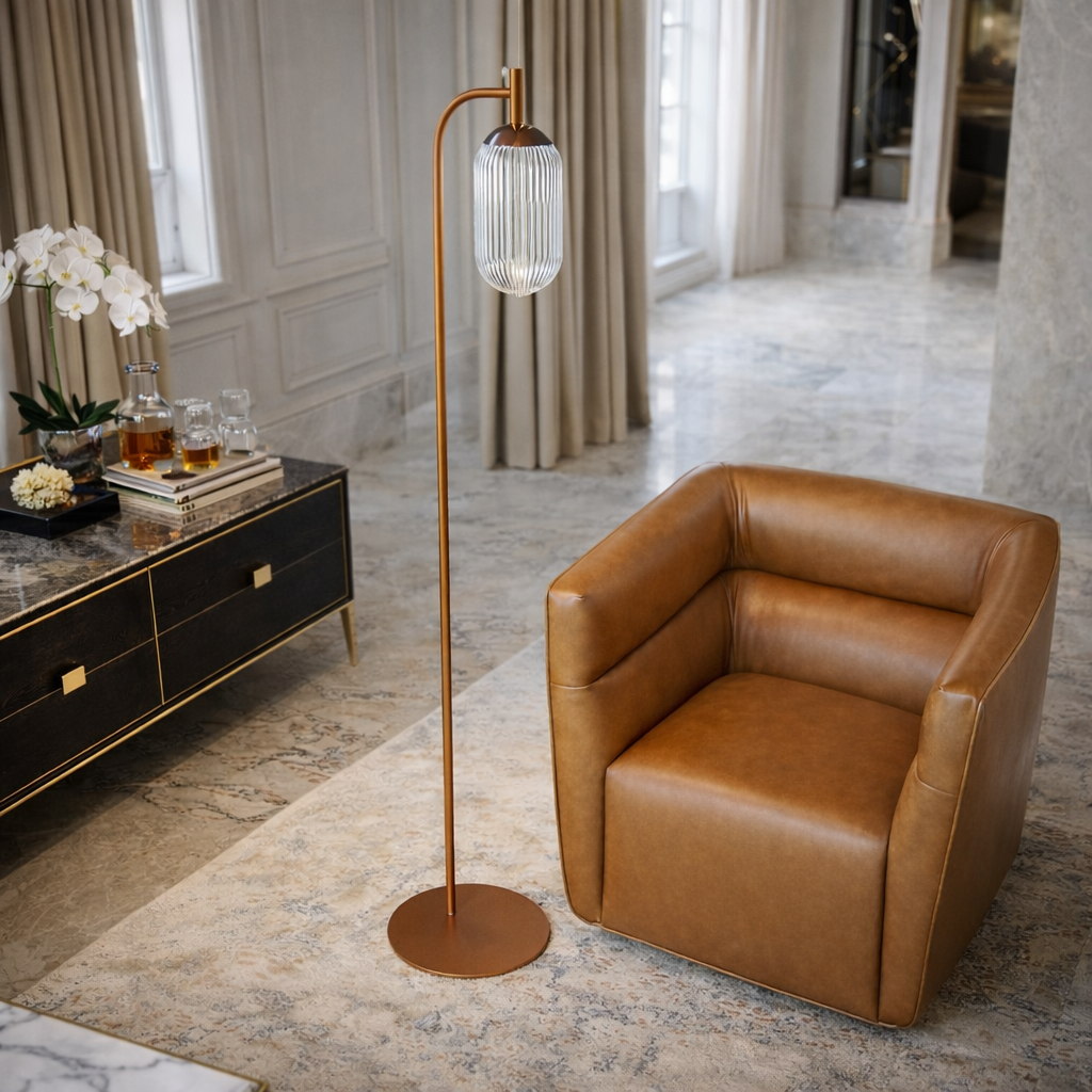Blaze Arched Floor Lamp in Bronze with Clear Ribbed Glass Shade | MidinMod