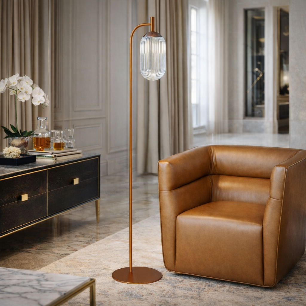 Blaze Arched Floor Lamp in Bronze with Clear Ribbed Glass Shade | MidinMod