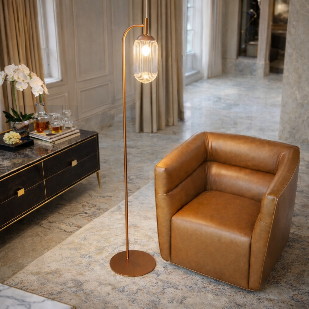 Blaze Arched Floor Lamp in Bronze with Clear Ribbed Glass Shade | MidinMod