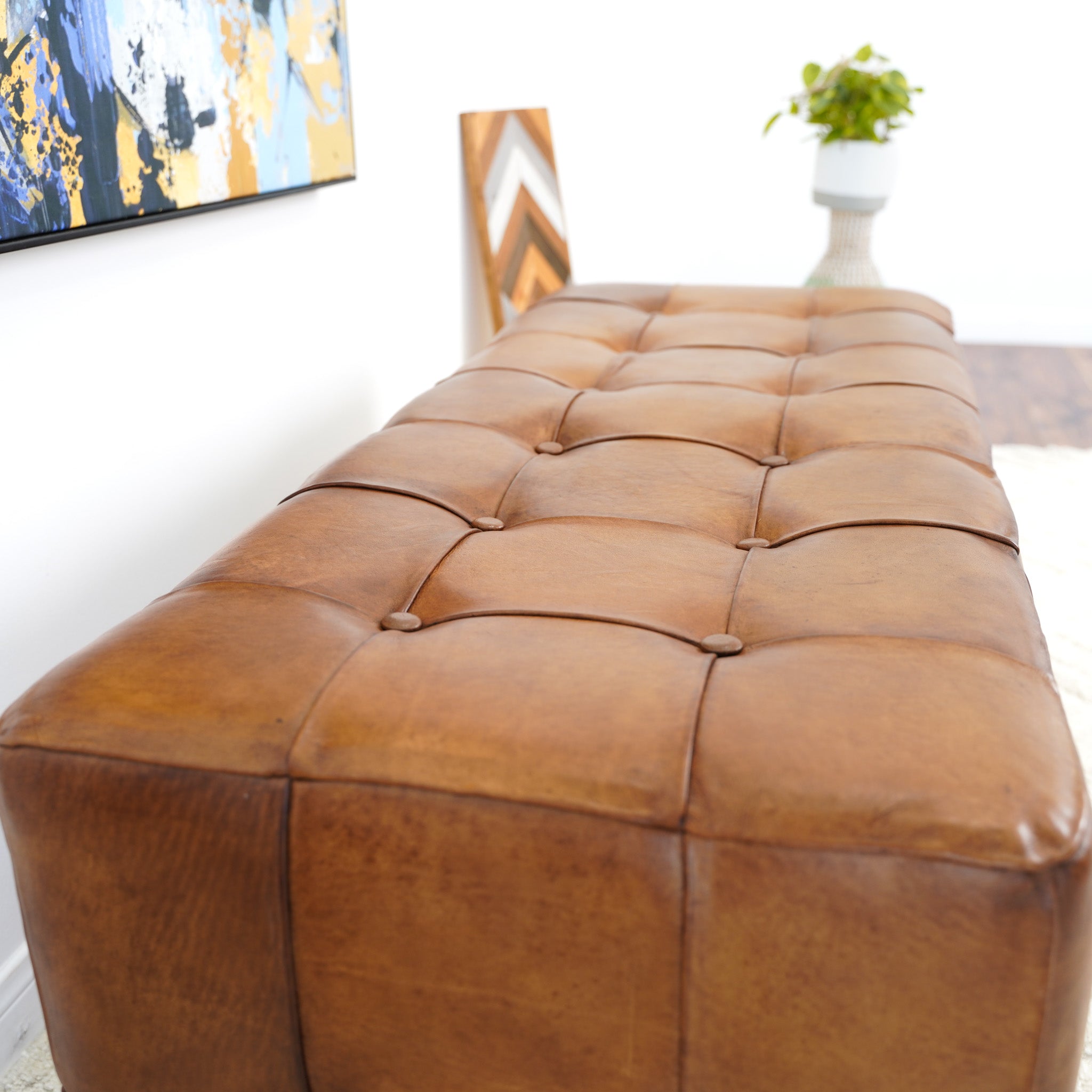 Bunta Genuine Leather Tufted Bench | Mid-Century Modern Tan & Teak Wood Ottoman | MidinMod