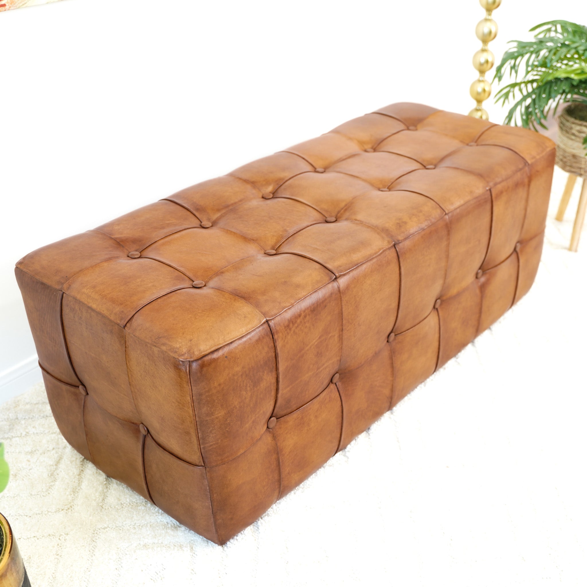 Bunta Genuine Leather Tufted Bench | Mid-Century Modern Tan & Teak Wood Ottoman | MidinMod