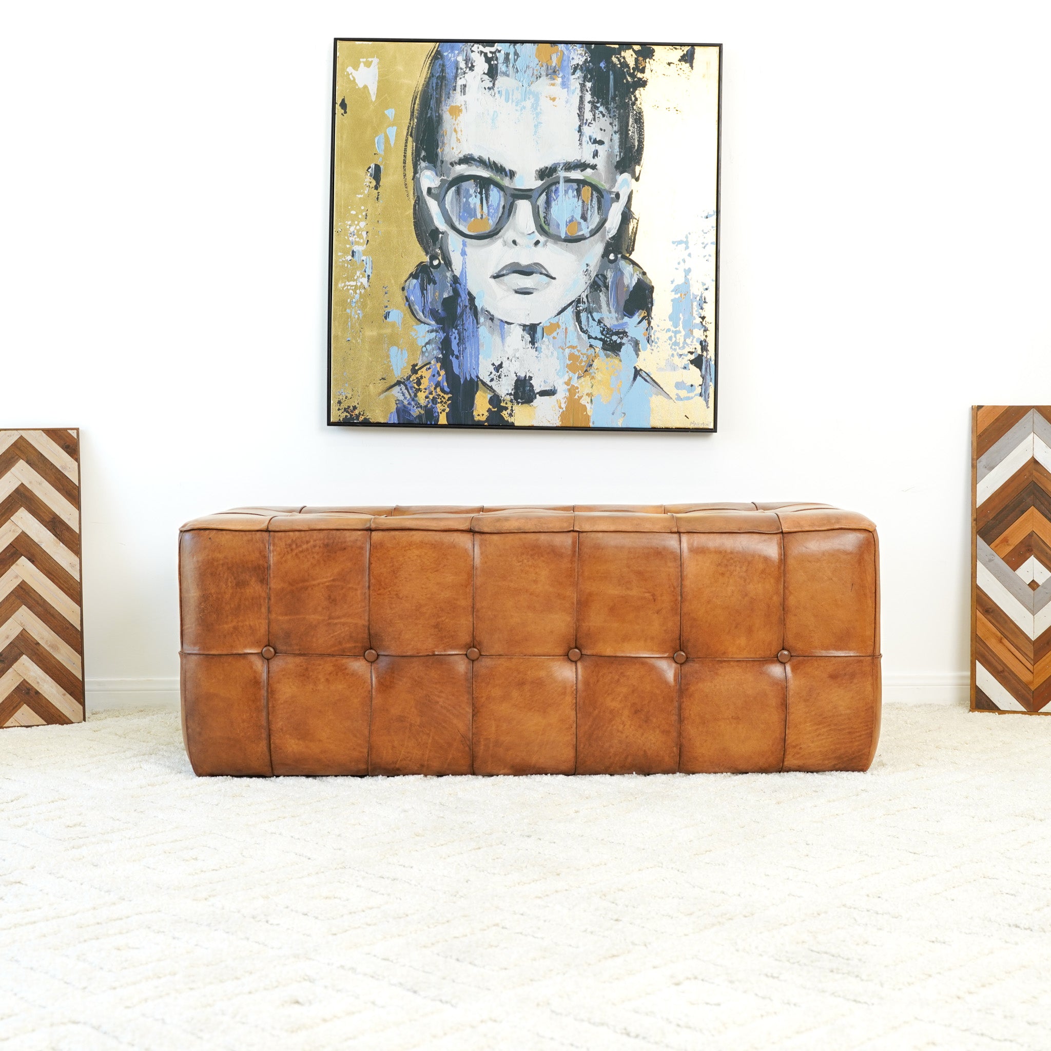 Bunta Genuine Leather Tufted Bench | Mid-Century Modern Tan & Teak Wood Ottoman | MidinMod