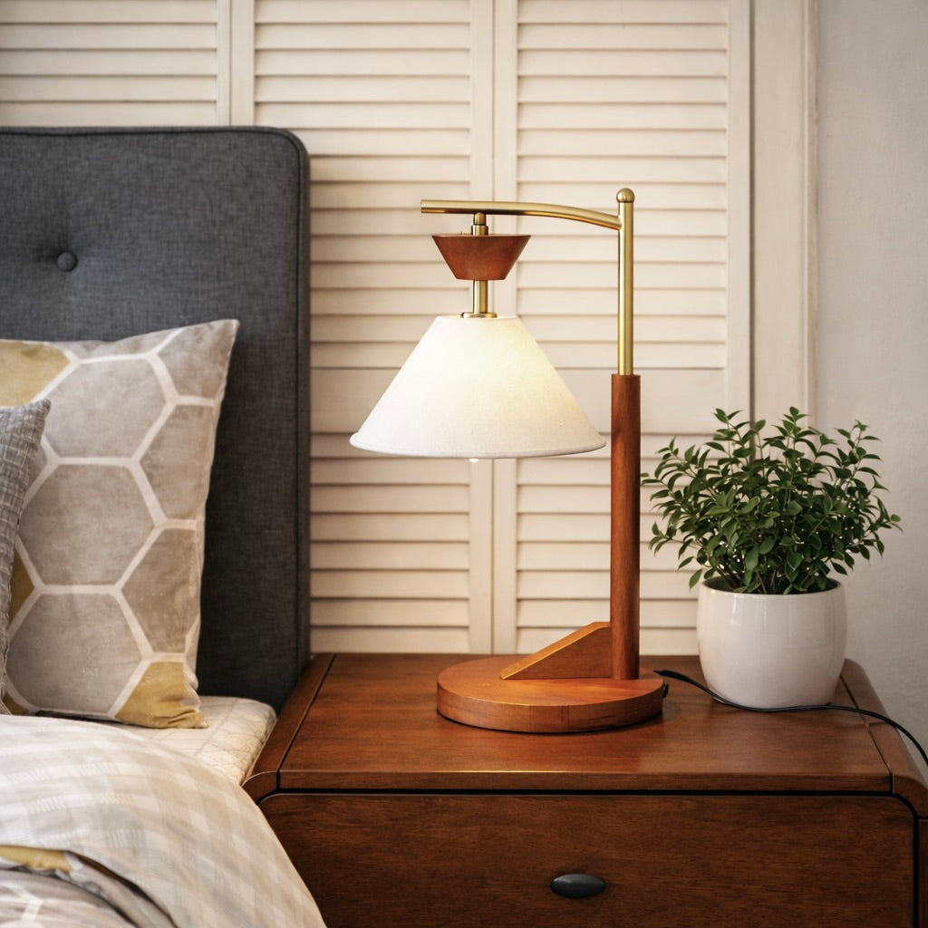 Celestia Table Lamp | Brown Solid Wood & Cone Linen Shade | MidinMod