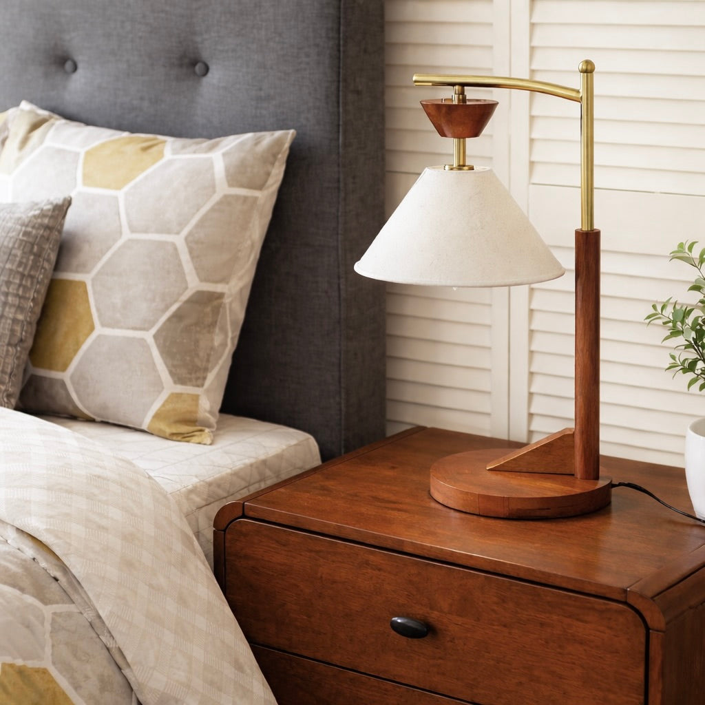 Celestia Table Lamp | Brown Solid Wood & Cone Linen Shade | MidinMod