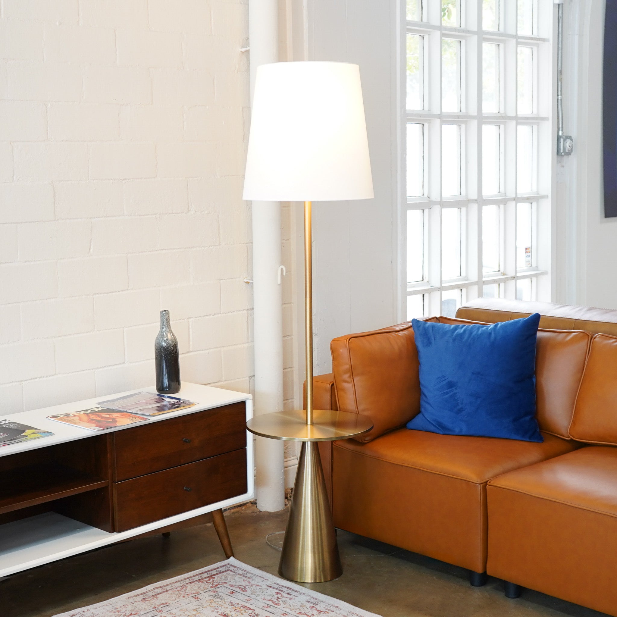 Celestial Modern Floor Lamp with Brass Accent Table with Large White Shade