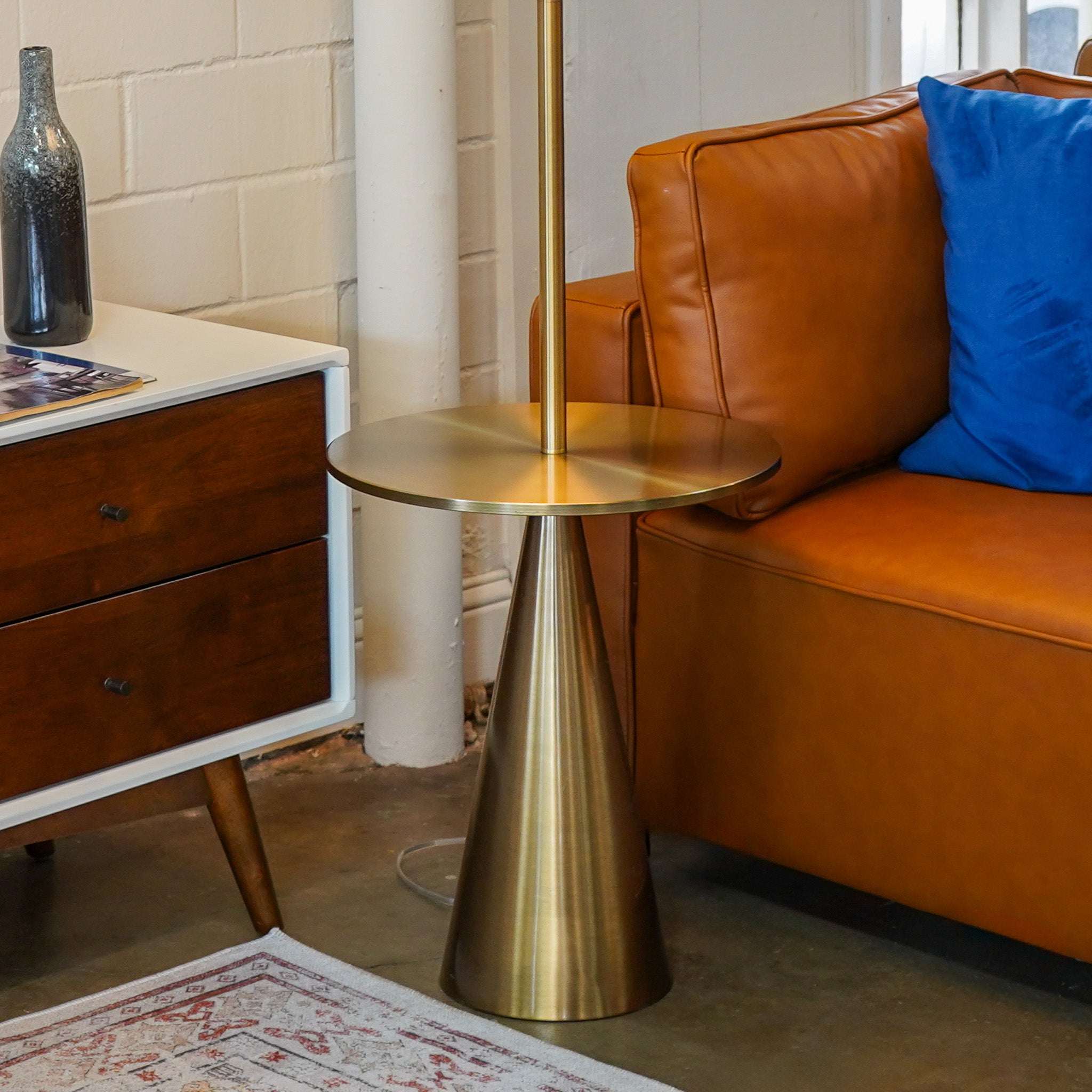 Celestial Modern Floor Lamp with Brass Accent Table with Large White Shade
