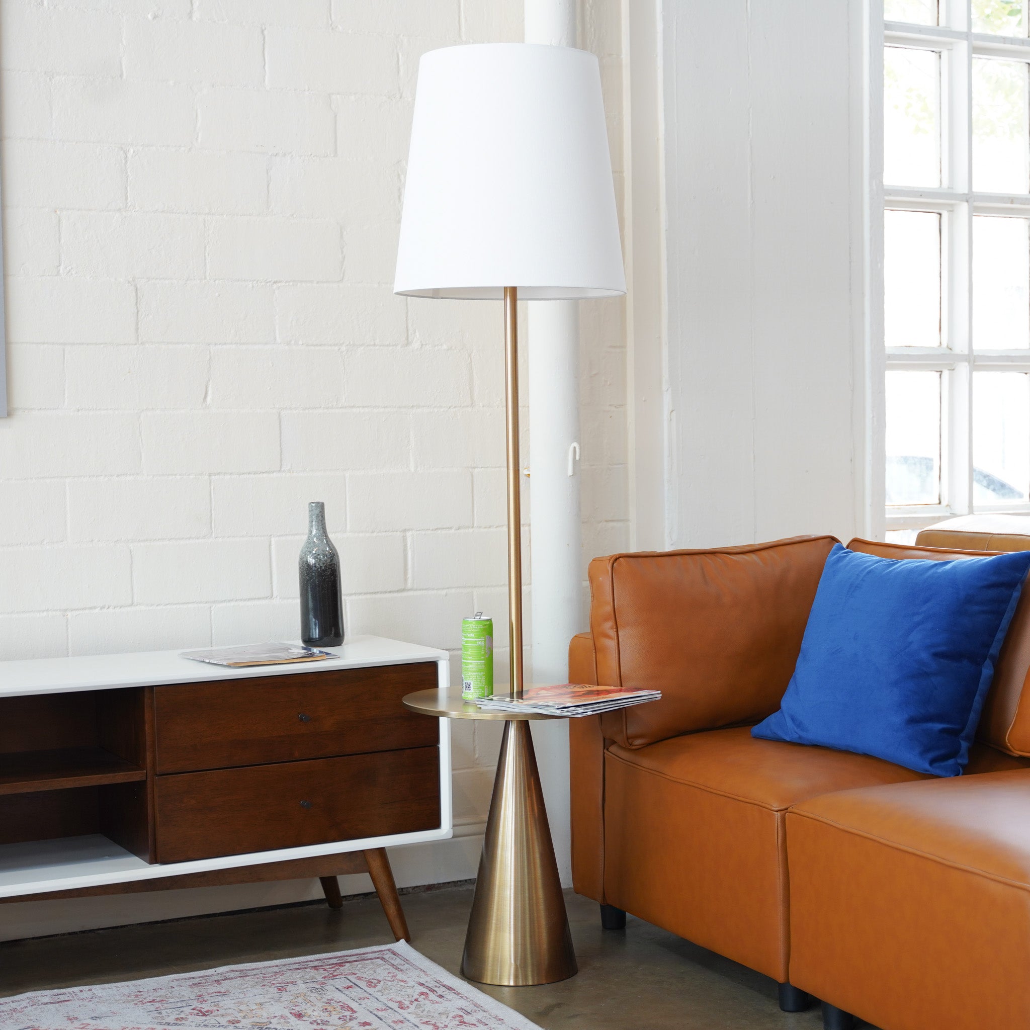 Celestial Modern Floor Lamp with Brass Accent Table with Large White Shade