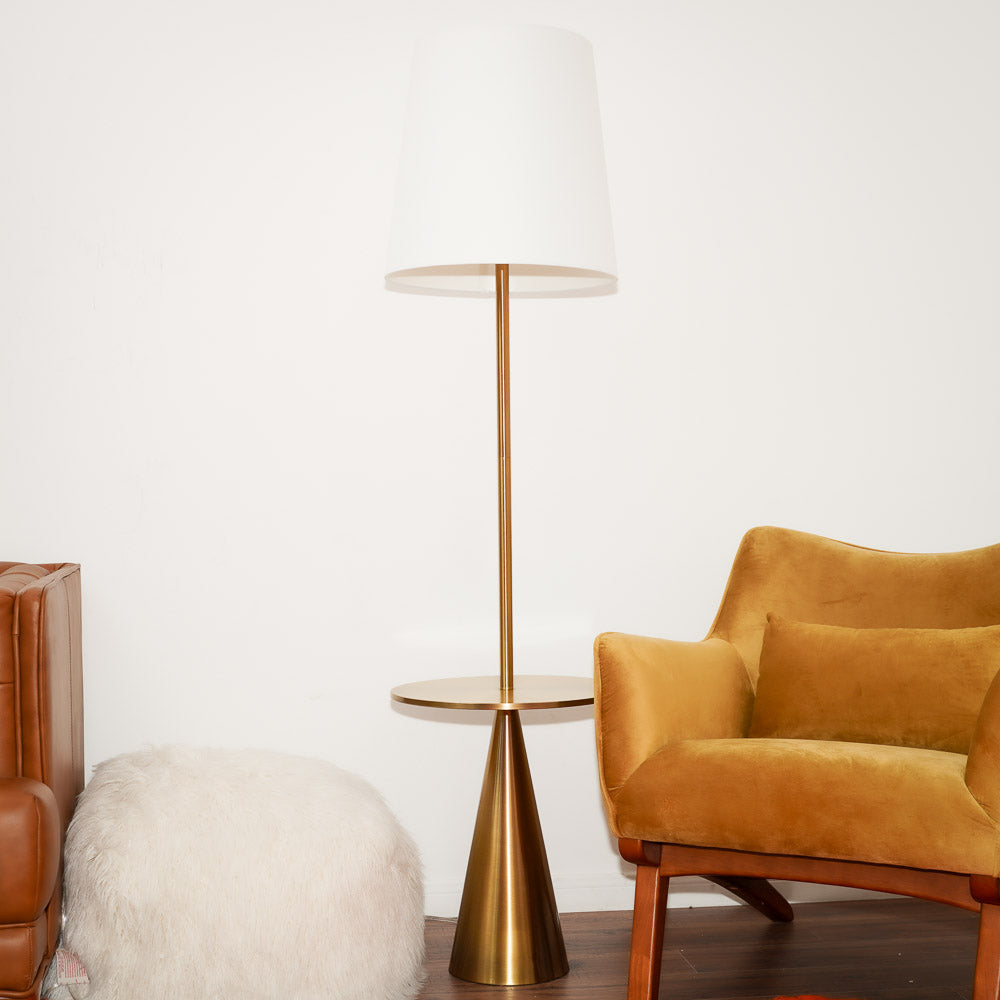 Celestial Modern Floor Lamp with Brass Accent Table with Large White Shade