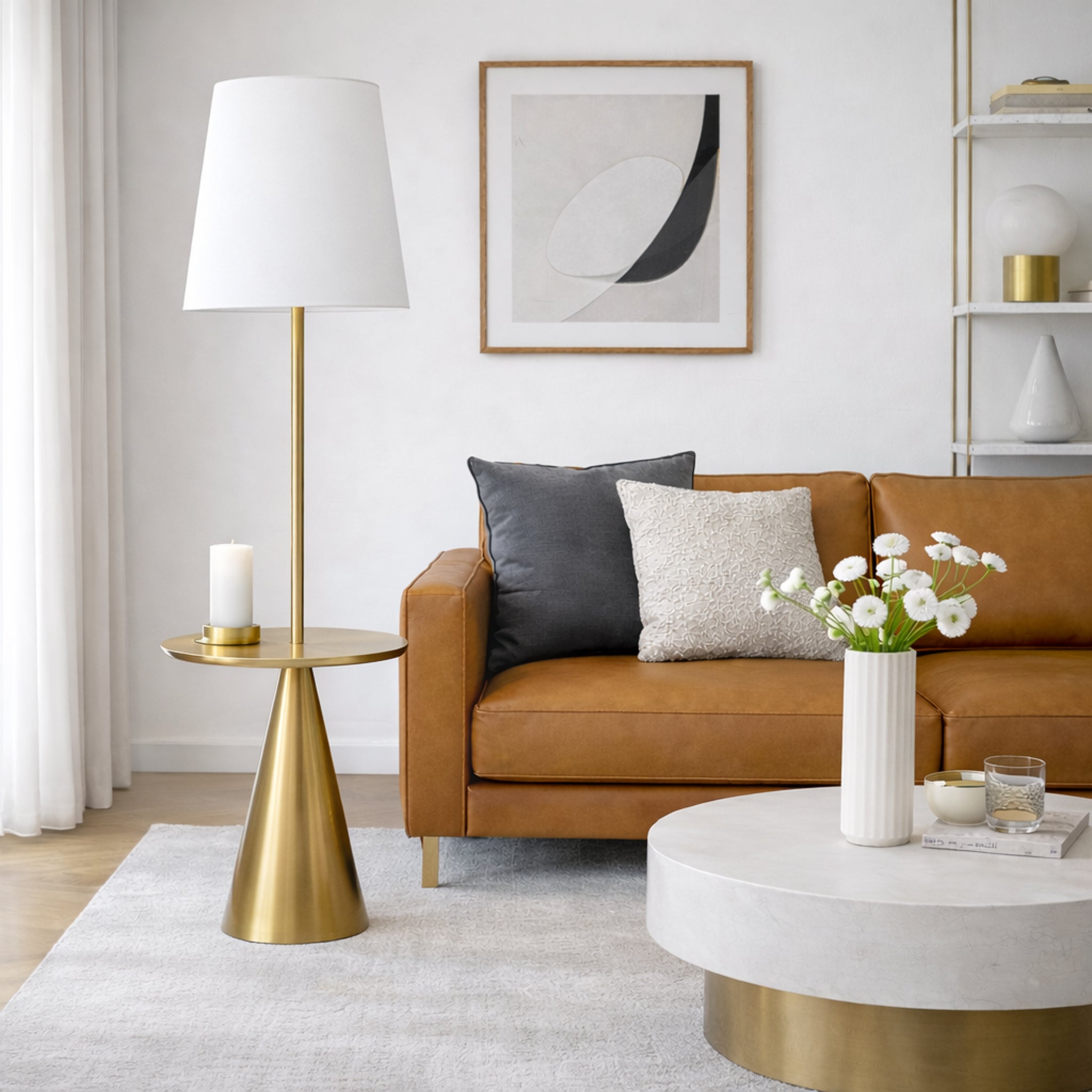 Celestial Modern Floor Lamp with Integrated Brass Accent Table and Large White Shade | MidinMod