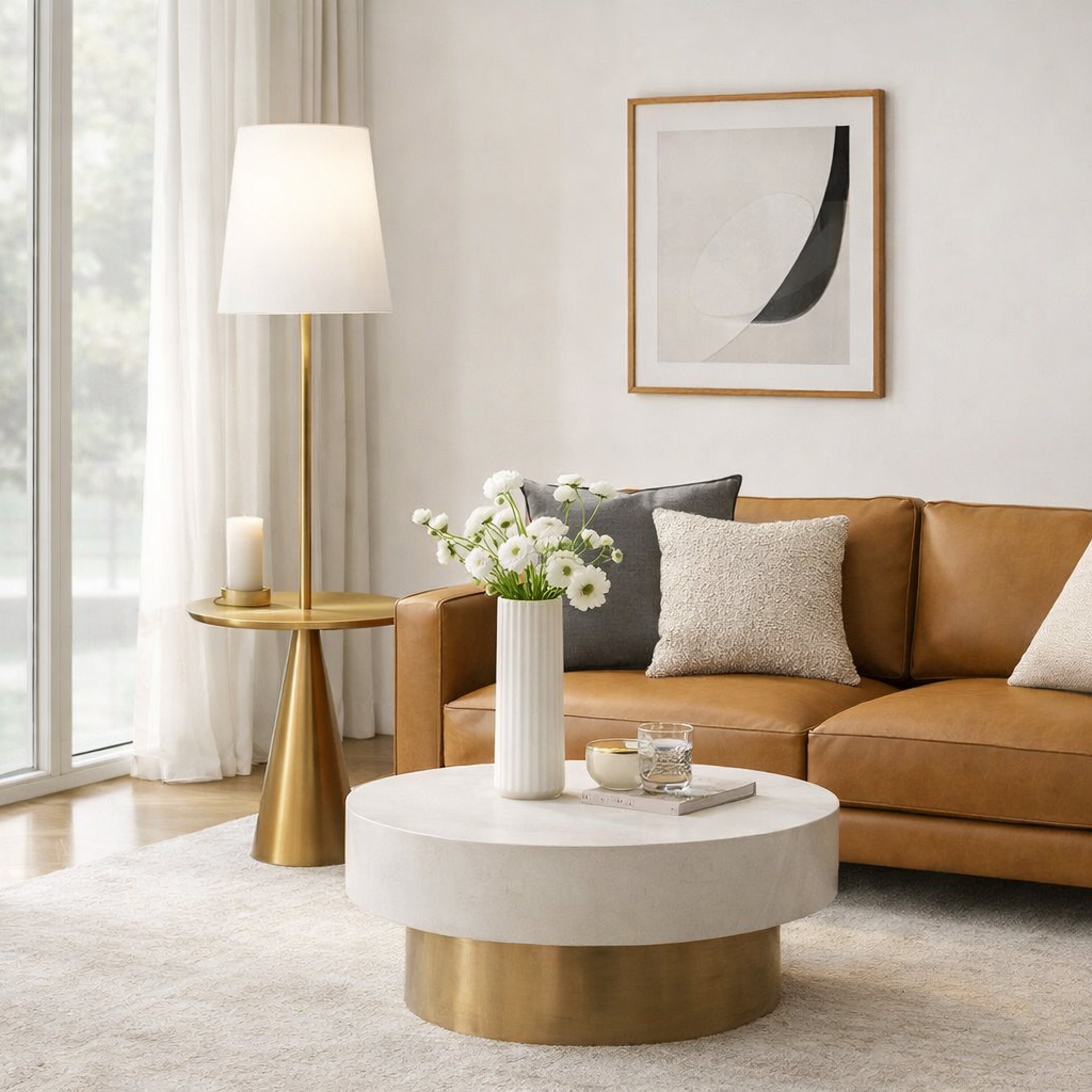 Celestial Modern Floor Lamp with Integrated Brass Accent Table and Large White Shade | MidinMod
