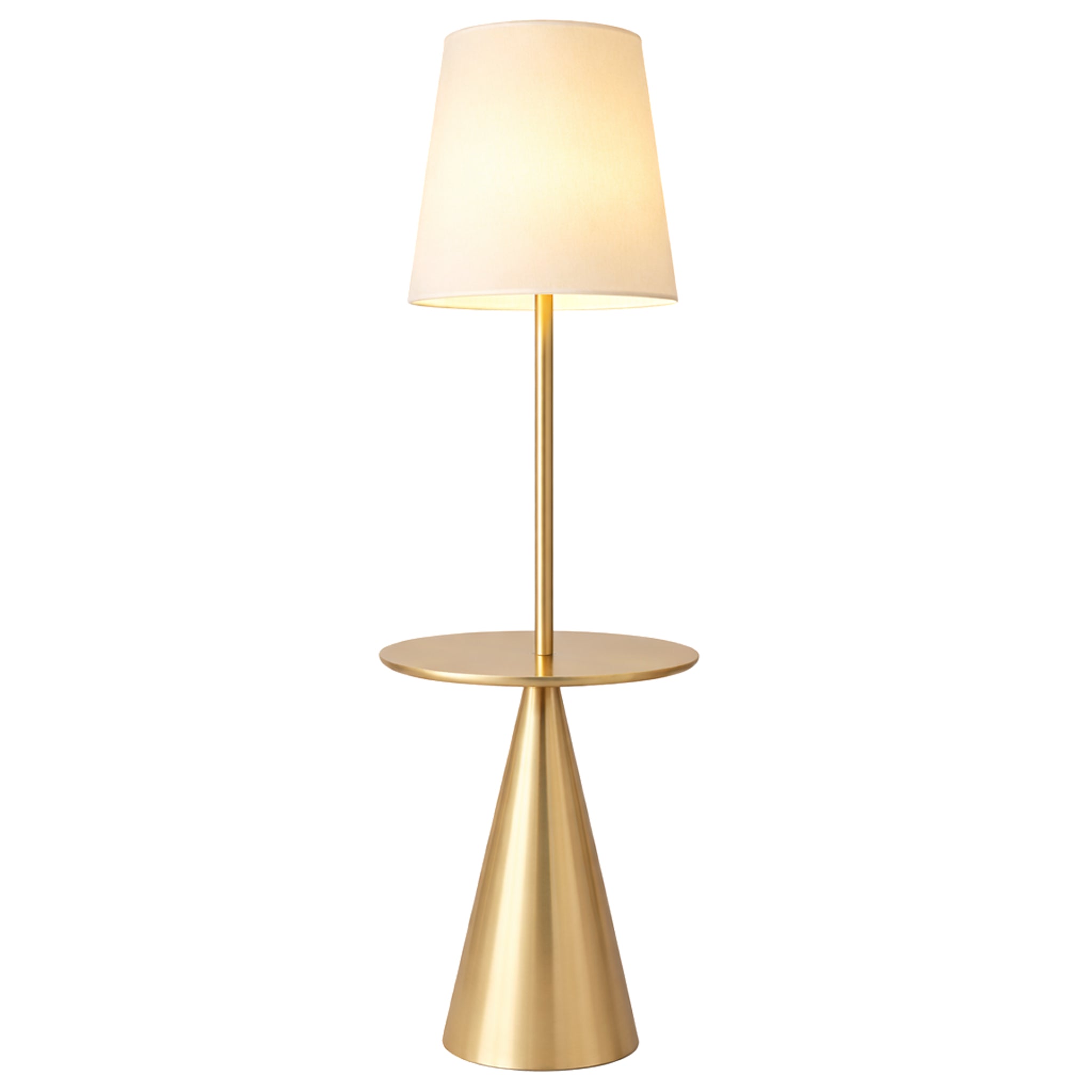 Celestial Modern Floor Lamp with Integrated Brass Accent Table and Large White Shade | MidinMod