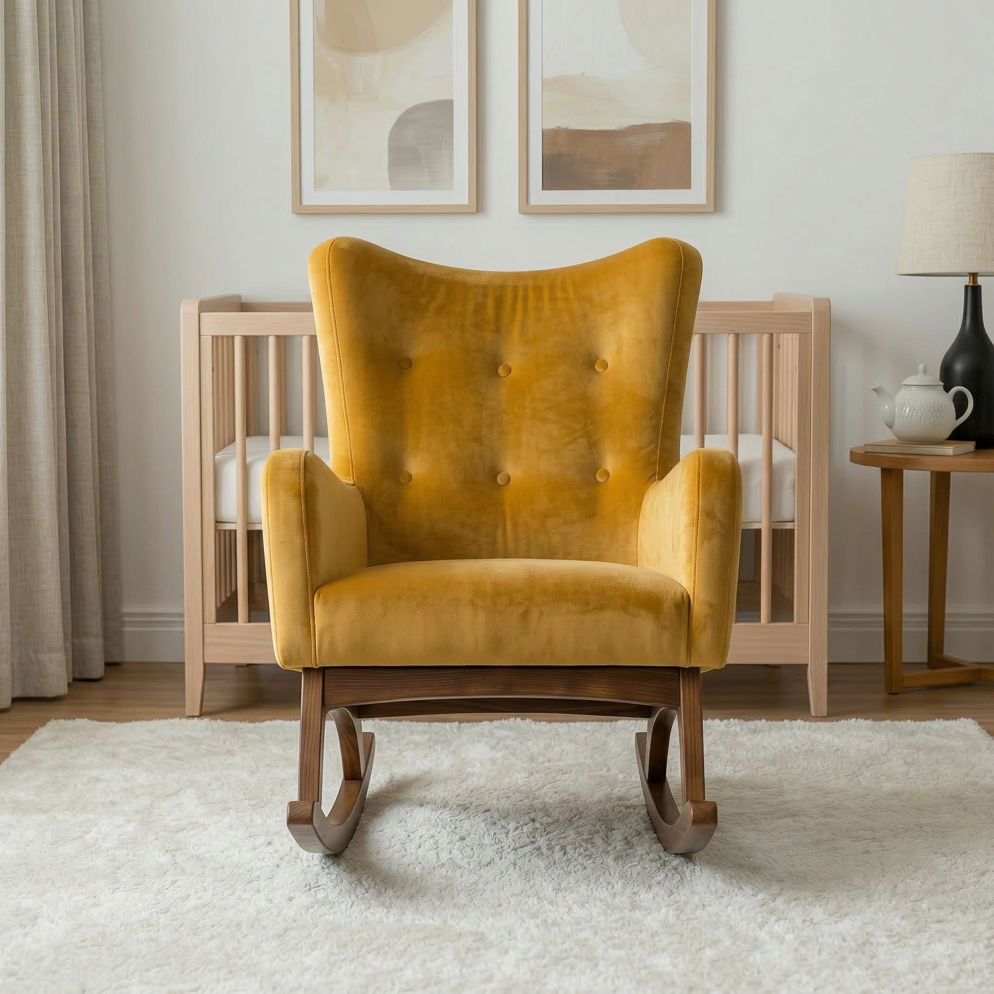 Charlotte Rocking Chair | Yellow Velvet & Walnut-Finished Rockers | MidinMod
