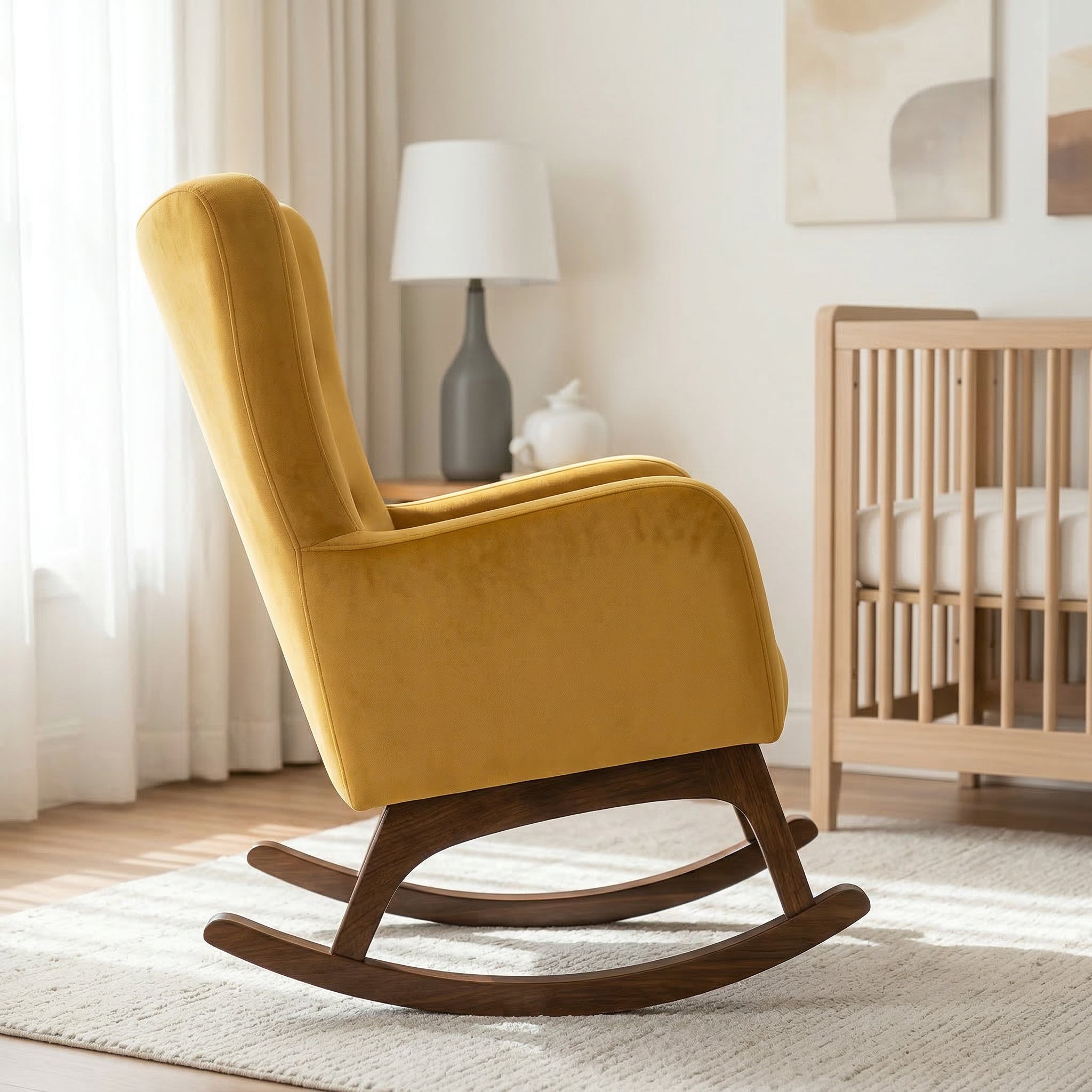 Charlotte Rocking Chair | Yellow Velvet & Walnut-Finished Rockers | MidinMod
