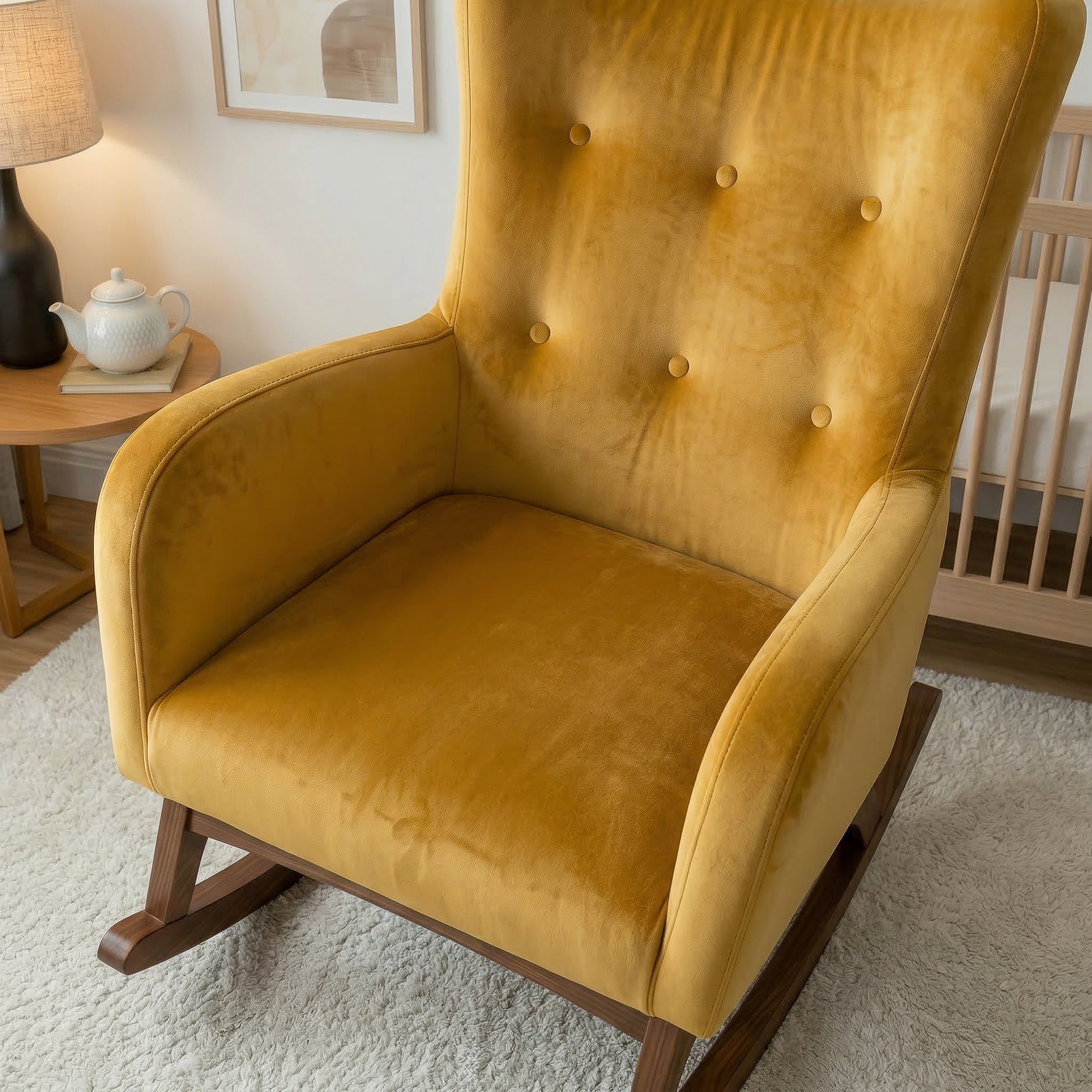Charlotte Rocking Chair | Yellow Velvet & Walnut-Finished Rockers | MidinMod