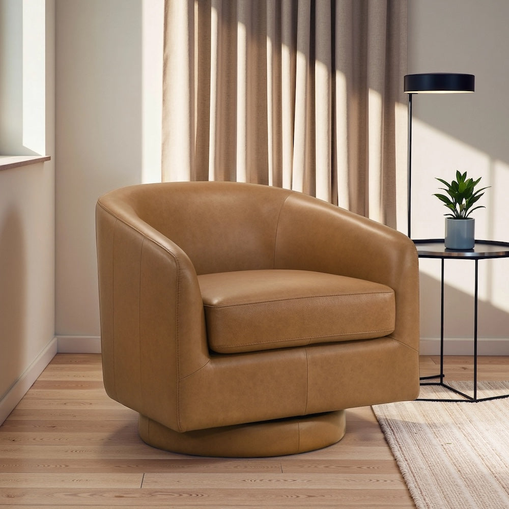 Ciro Mid-Century Modern Tan Leather Swivel Chair - MidinMod