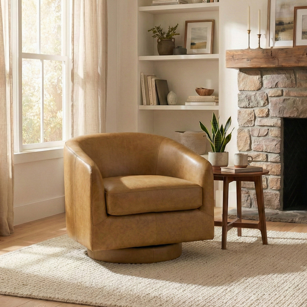 Ciro Mid-Century Modern Tan Leather Swivel Chair | MidinMod
