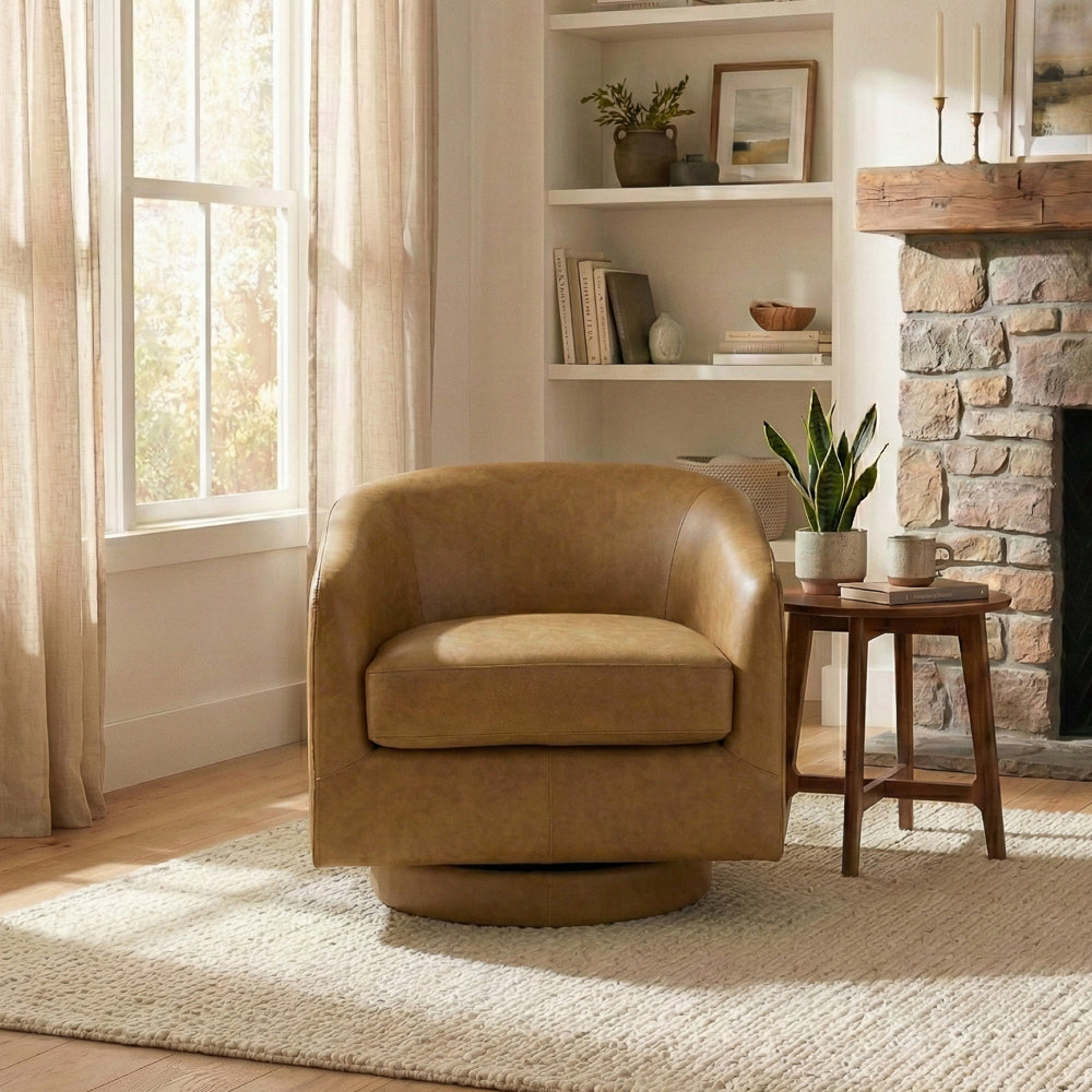 Ciro Mid-Century Modern Tan Leather Swivel Chair | MidinMod