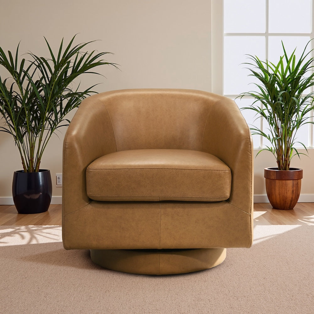 Ciro Mid-Century Modern Tan Leather Swivel Chair - MidinMod