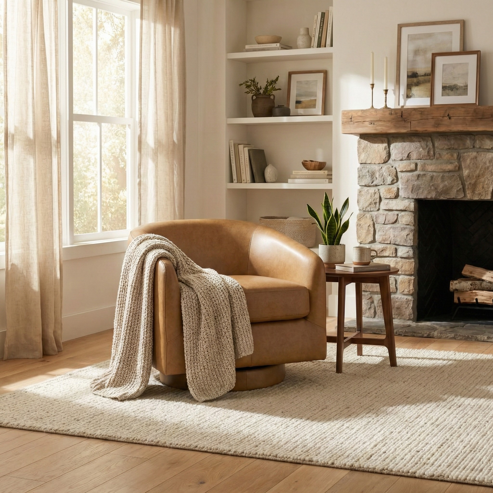 Ciro Mid-Century Modern Tan Leather Swivel Chair | MidinMod