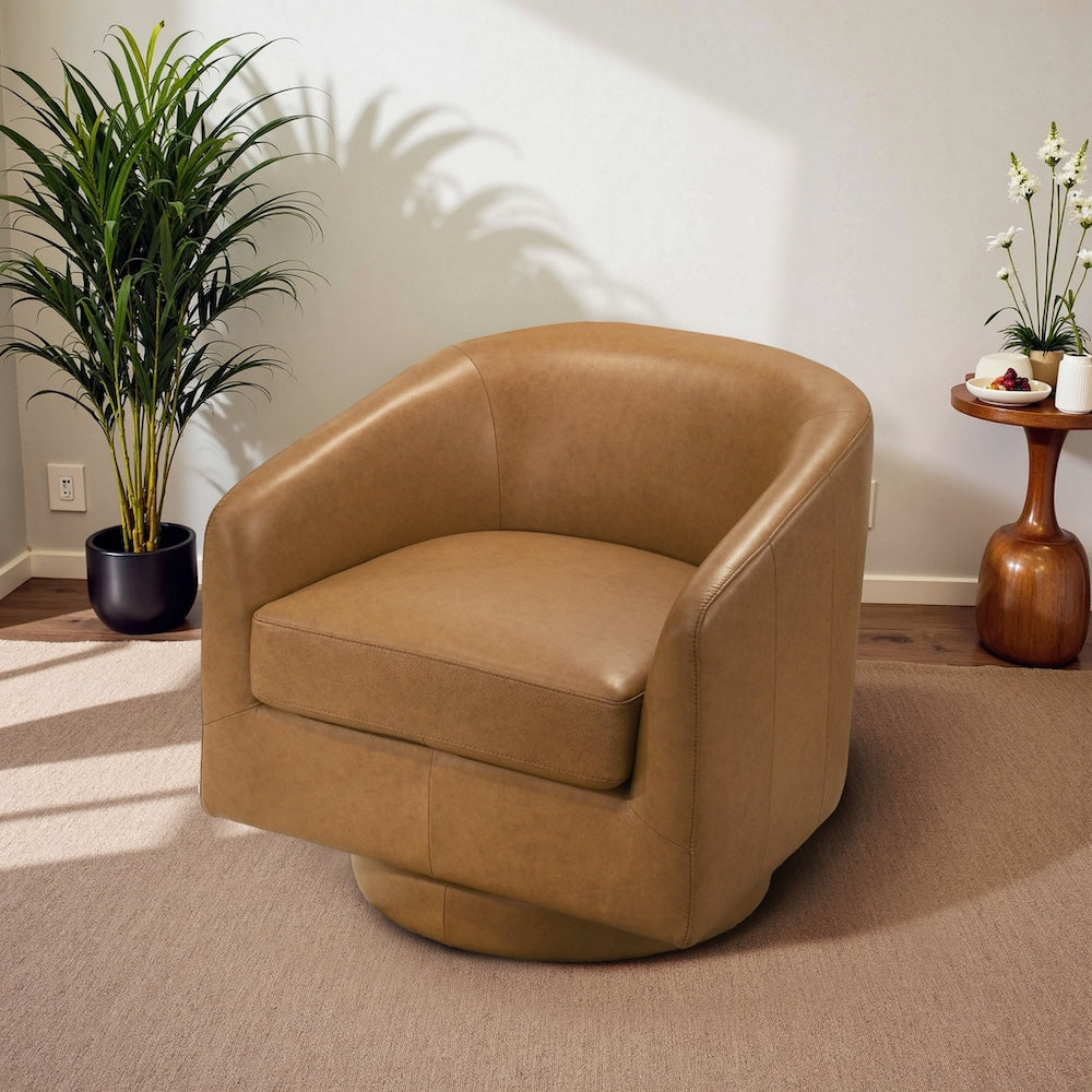 Ciro Mid-Century Modern Tan Leather Swivel Chair - MidinMod
