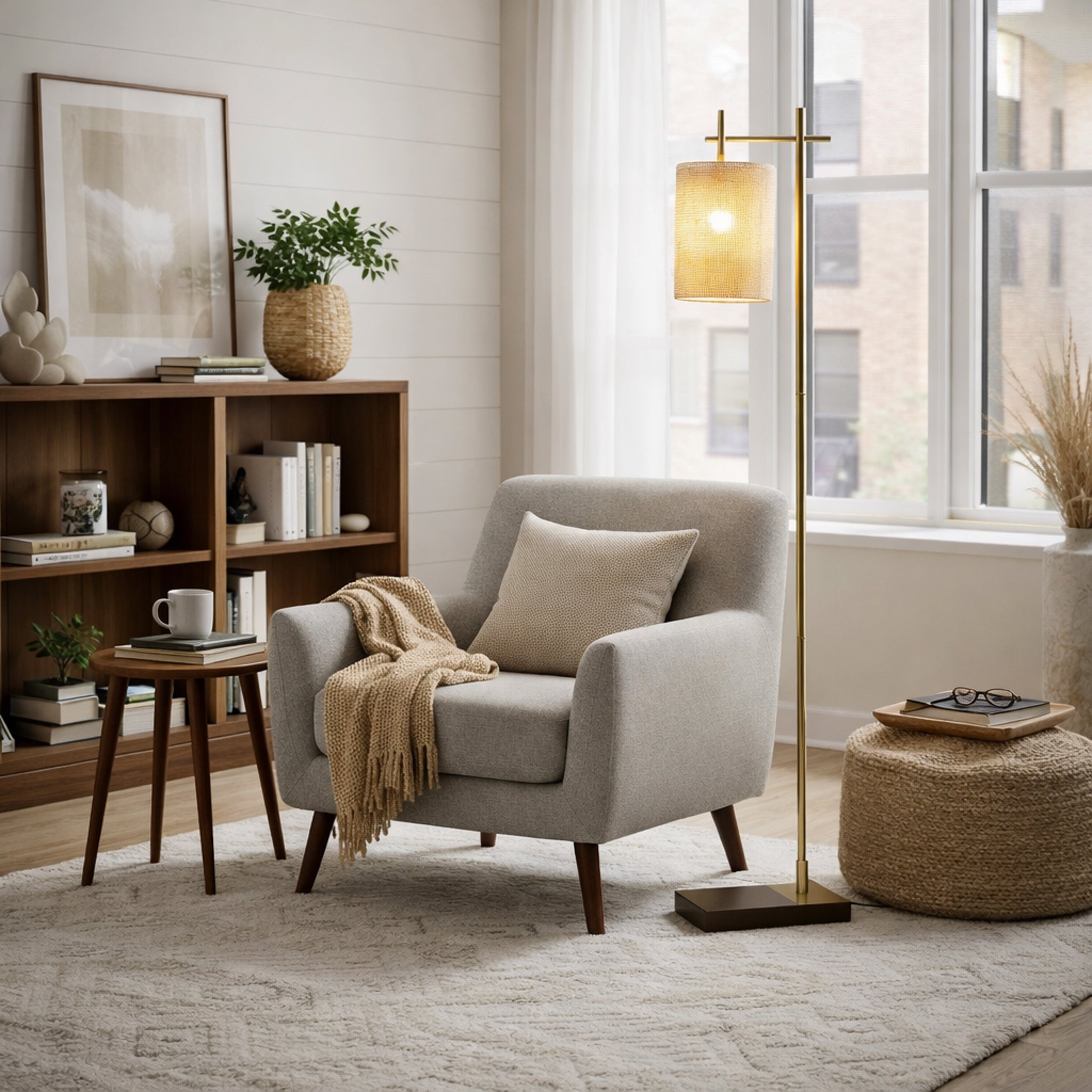 Comet 60" Bamboo Floor Lamp in Dark Brown Rubberwood and Bronze | MidinMod