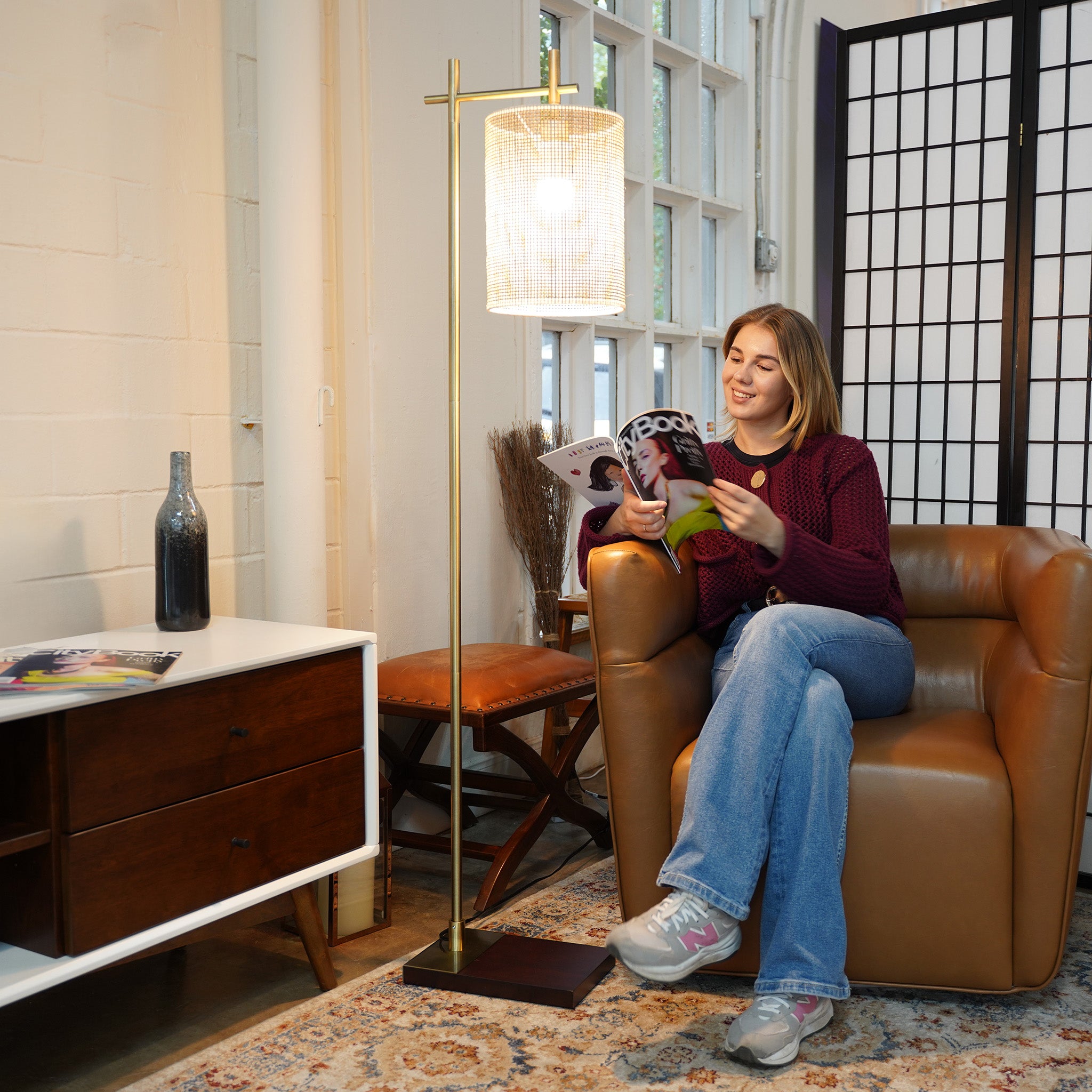 Comet Bamboo Lampshade Floor Lamp - Dark Brown + Bronze