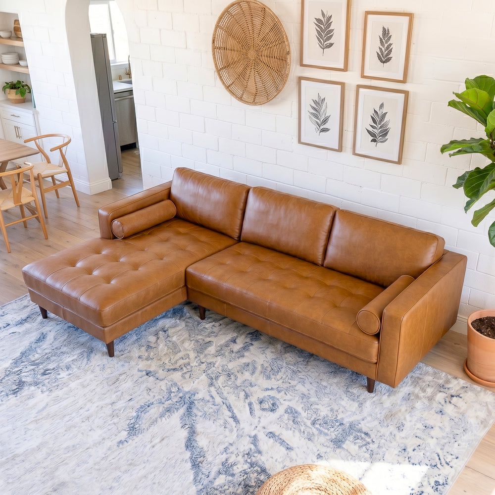 Daphne Mid-Century Style Tan Genuine Leather Left-Facing Sectional Sofa | MidinMod