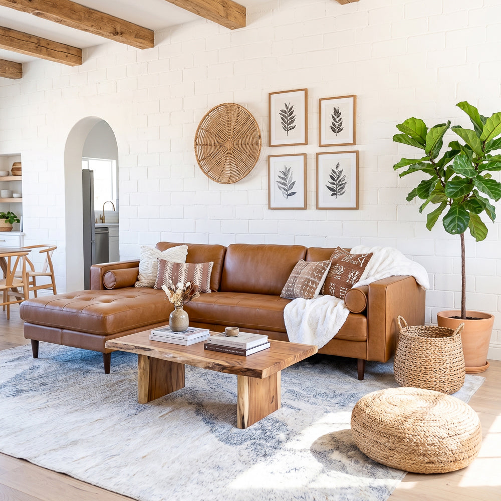 Daphne Mid-Century Style Tan Genuine Leather Left-Facing Sectional Sofa | MidinMod