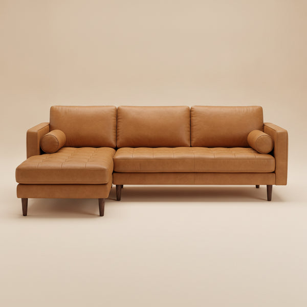 Daphne Mid-Century Style Tan Genuine Leather Left-Facing Sectional Sofa | MidinMod