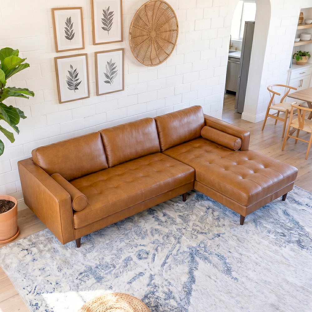 Daphne Mid-Century Style Tan Genuine Leather Right-Facing Sectional Sofa | MidinMod