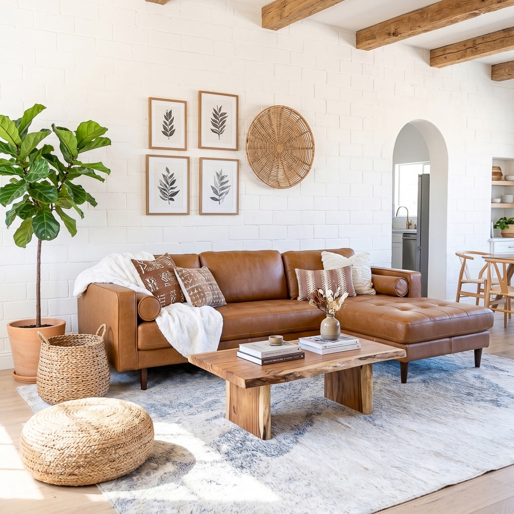 Daphne Mid-Century Style Tan Genuine Leather Right-Facing Sectional Sofa | MidinMod