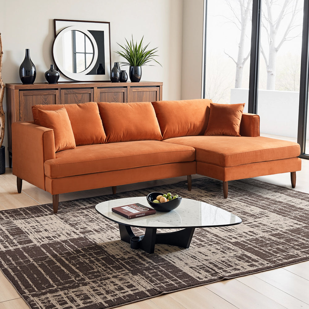 Delano Burnt Orange Velvet Sectional Sofa Right Facing Chaise
