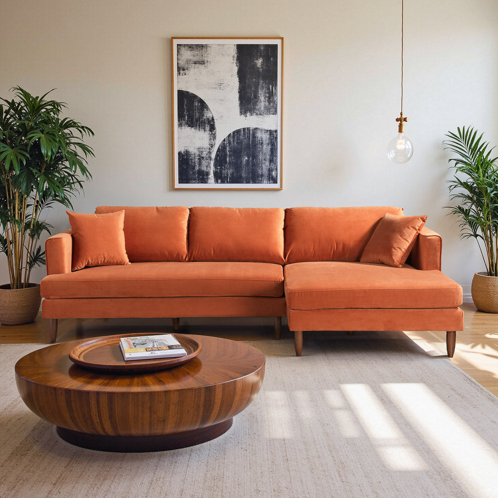 Delano Burnt Orange Velvet Sectional Sofa - Mid In Mod