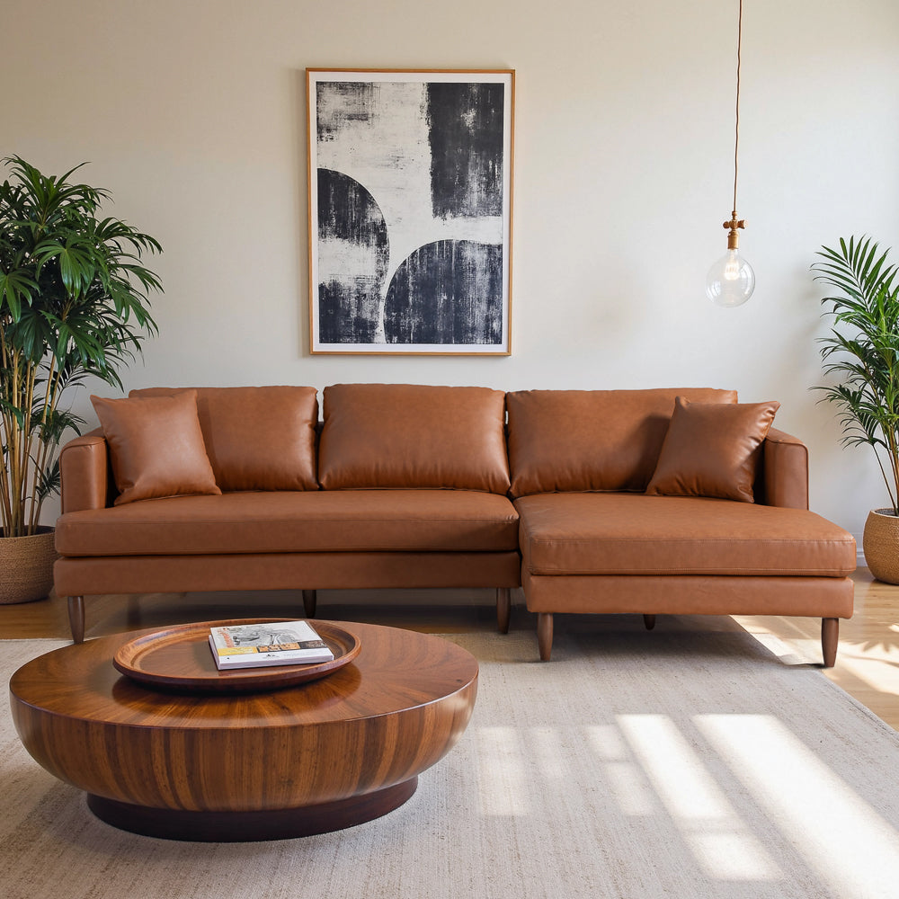 Delano Cognac Vegan Leather Sectional Sofa Right Facing Chaise