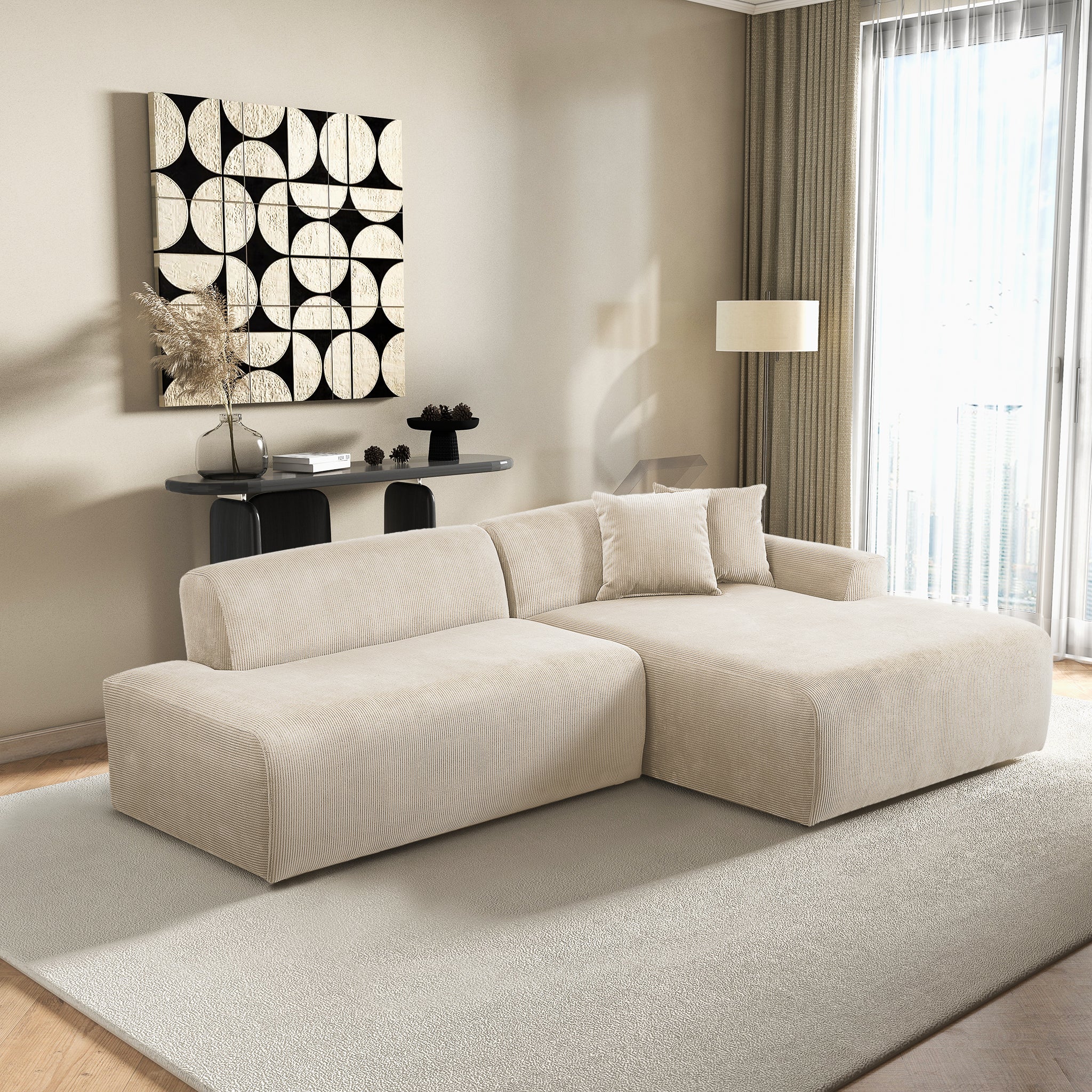 Dexter Cream Corduroy Sectional Right Facing Chaise - MidinMod