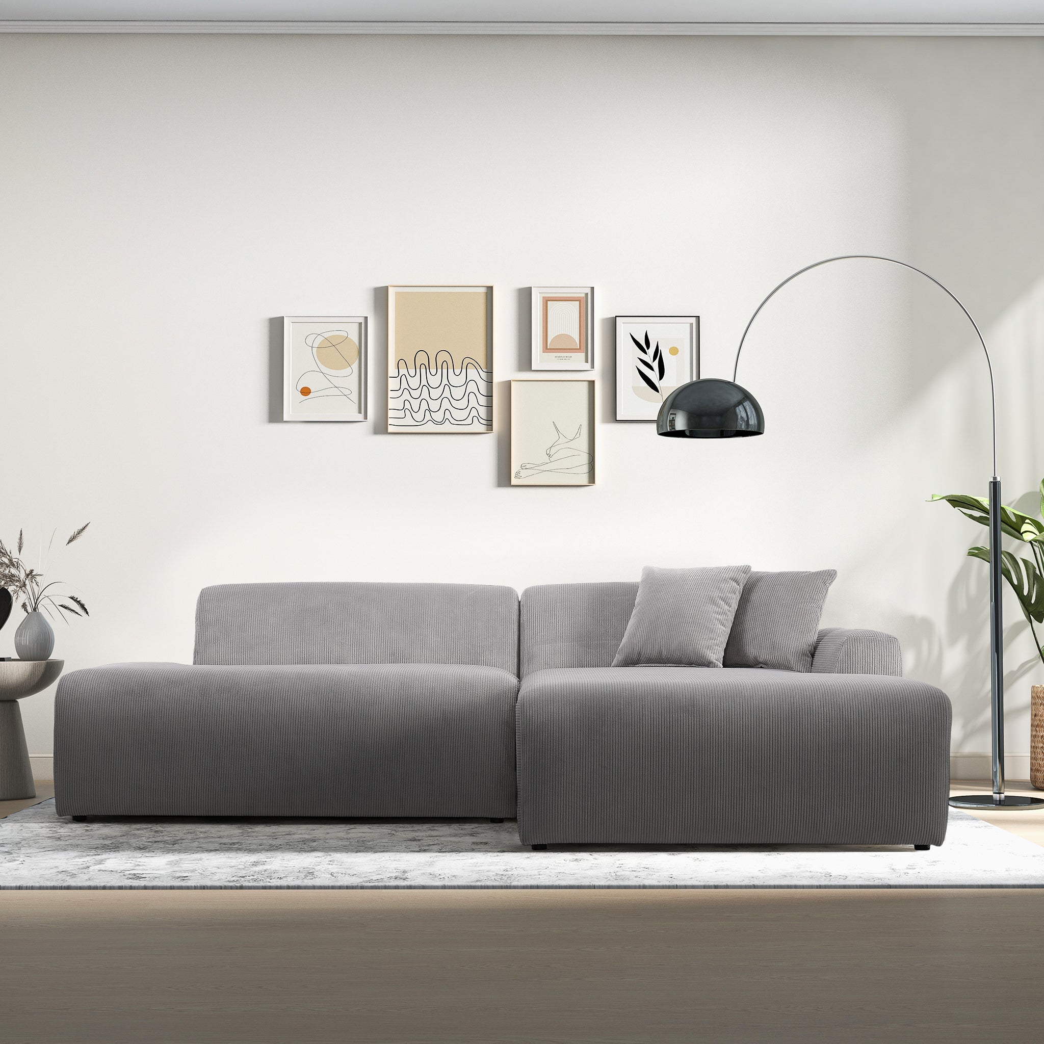 Dexter Light Grey Corduroy Sectional Right Facing Chaise - MidinMod