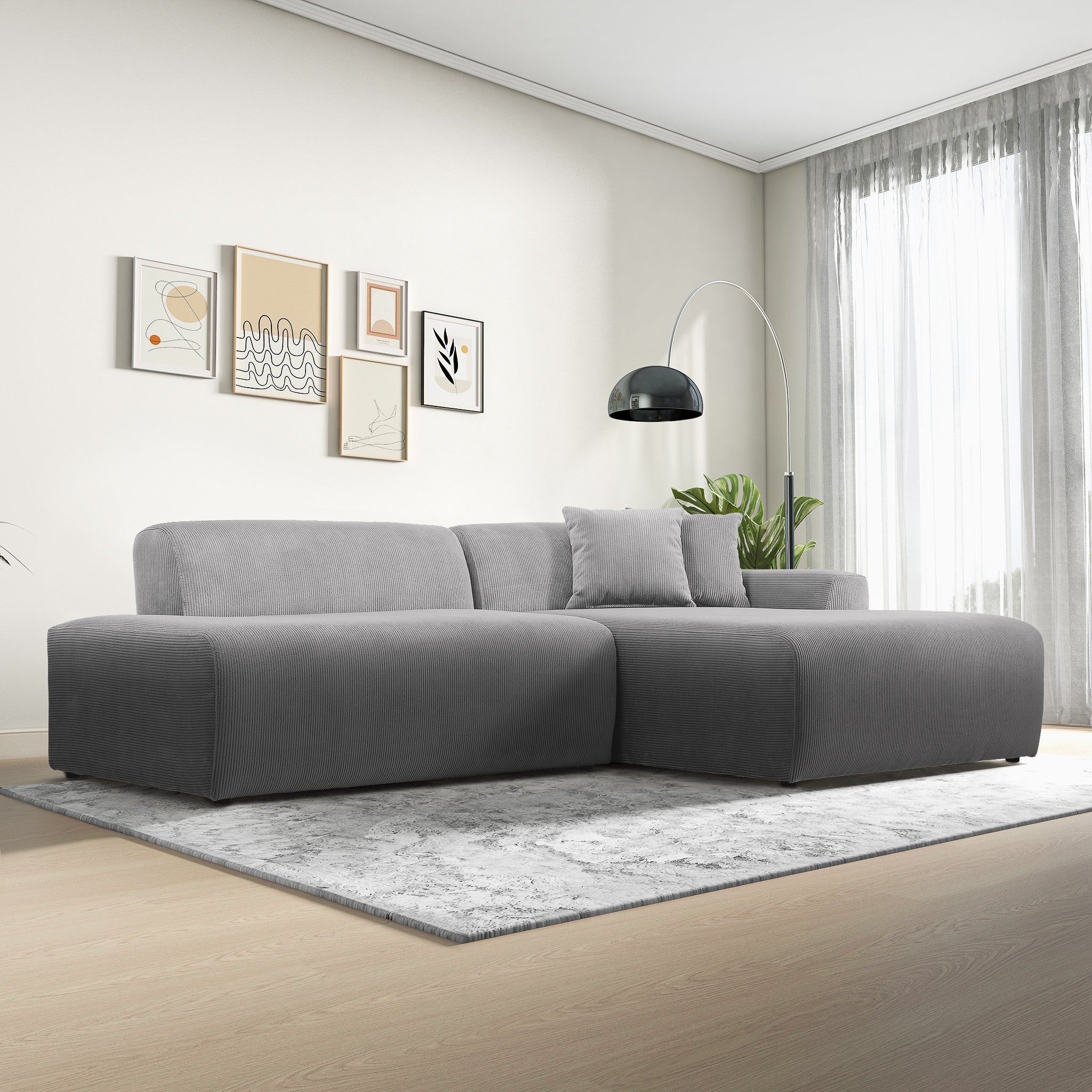 Dexter Light Grey Corduroy Sectional Right Facing Chaise - MidinMod