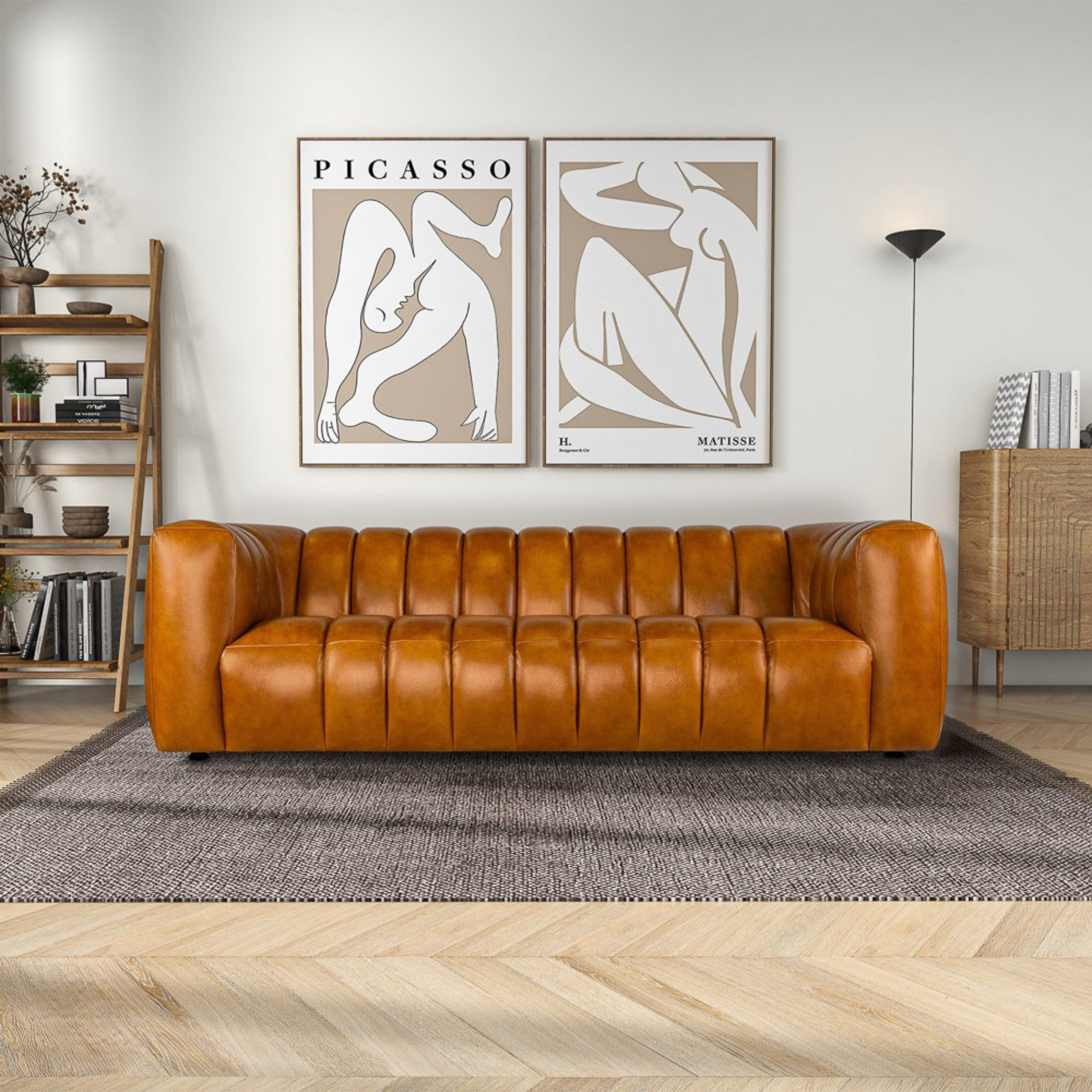 Downey Mid-Century Modern Genuine Cognac Leather Couch - MidinMod