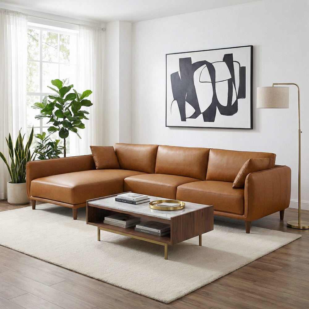Draper Sectional Left - Cognac Vegan Leather | MidinMod