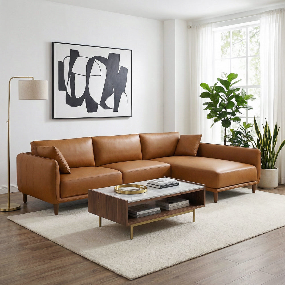 Draper Sectional Right - Cognac Vegan Leather - MidinMod