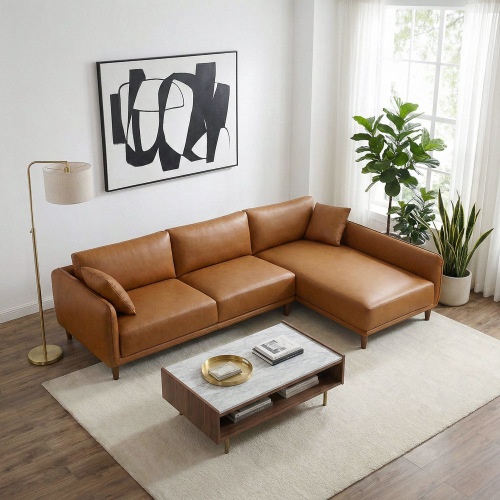 Draper Sectional Right - Cognac Vegan Leather - MidinMod