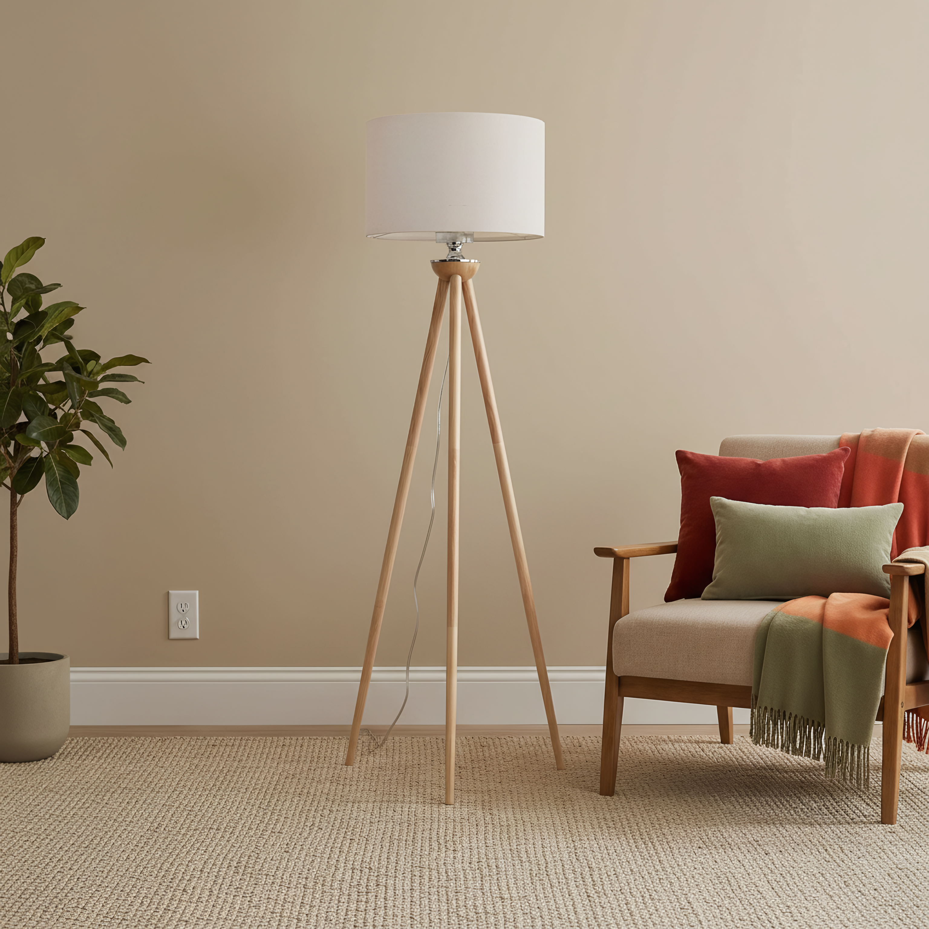 Eclipse Three-Legged Natural Solid Wood Floor Lamp with Faux Linen Shade | MidinMod
