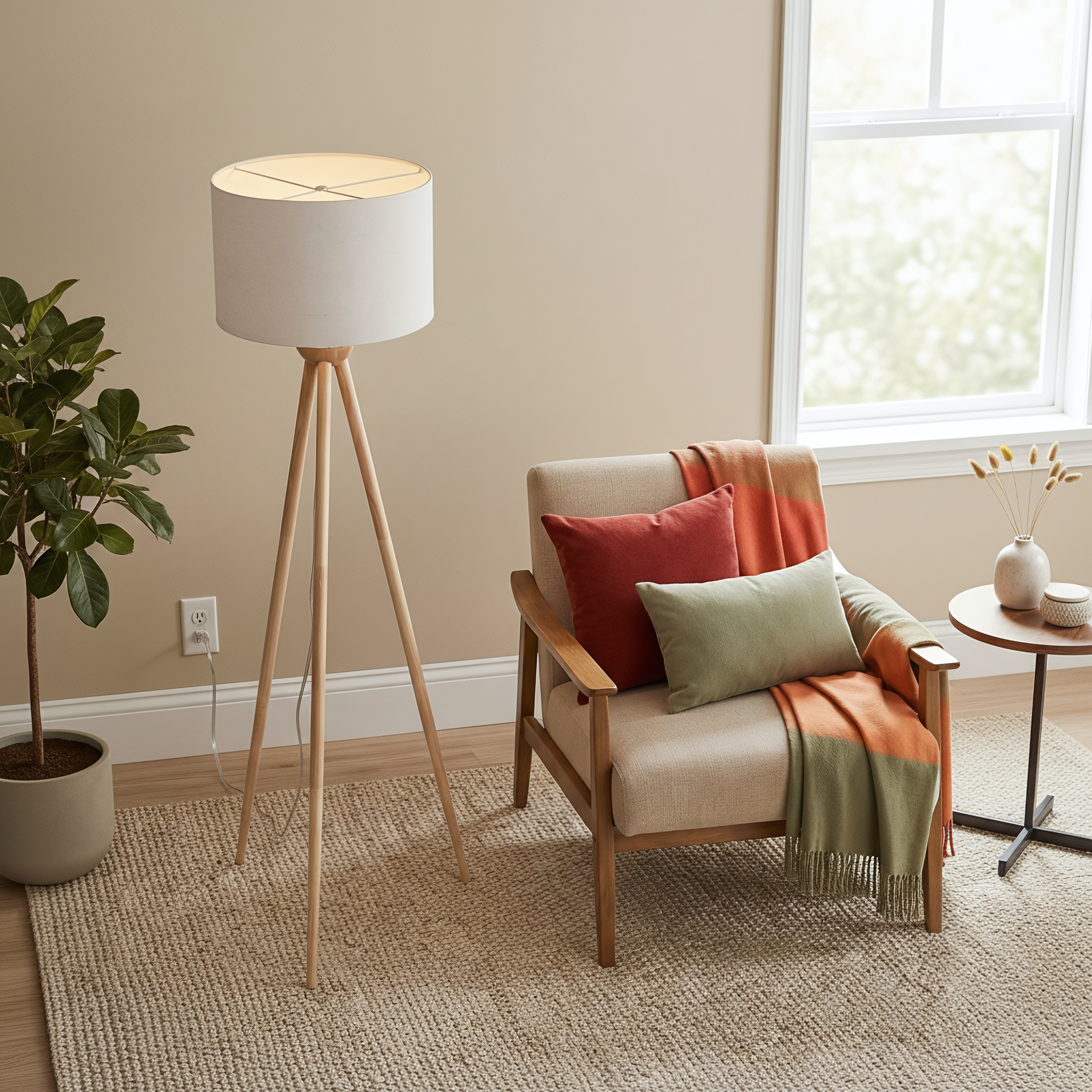 Eclipse Three-Legged Natural Solid Wood Floor Lamp with Faux Linen Shade | MidinMod
