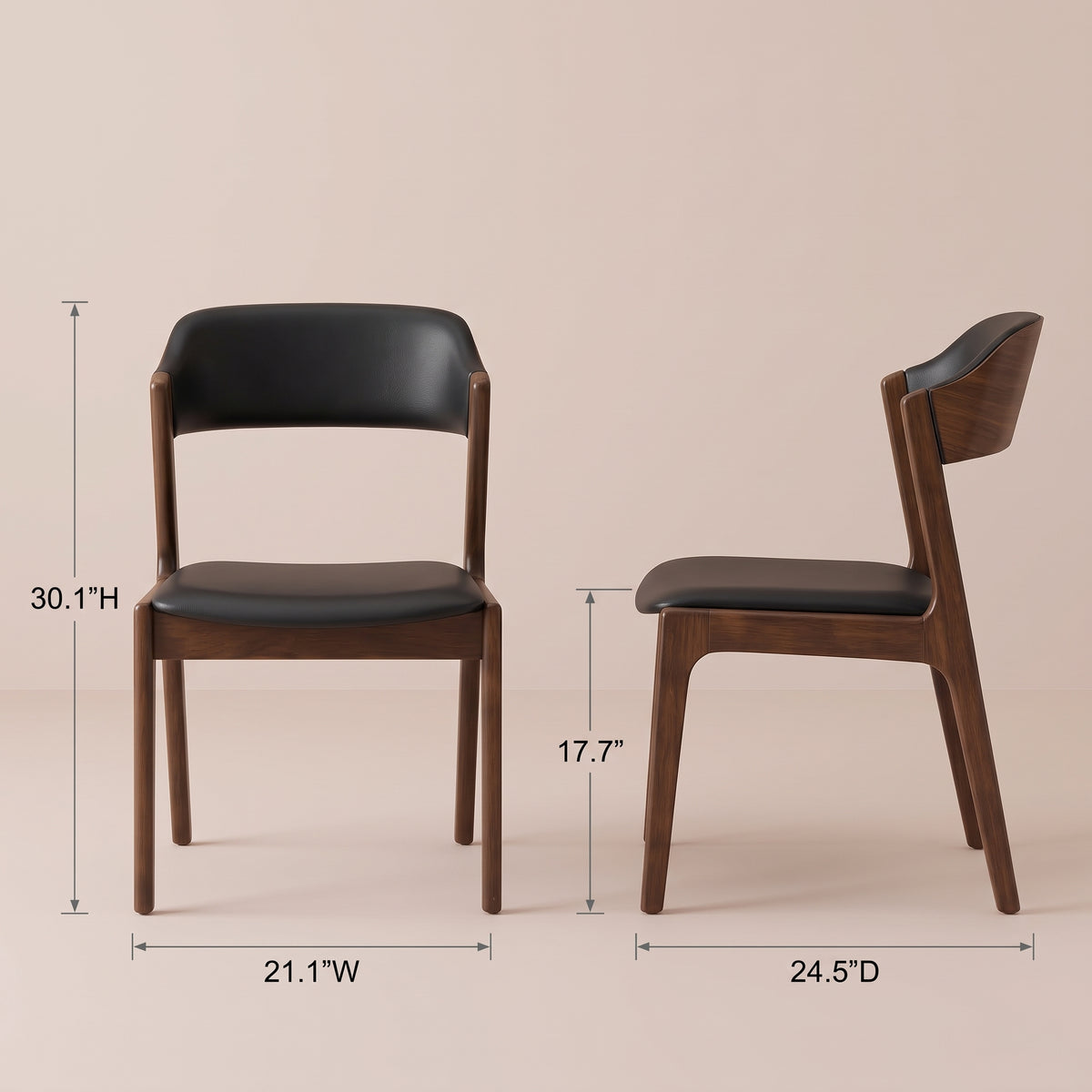 Elsa Mid-Century Modern Dining Chair Set | Black Vegan Leather & Solid Wood | MidinMod
